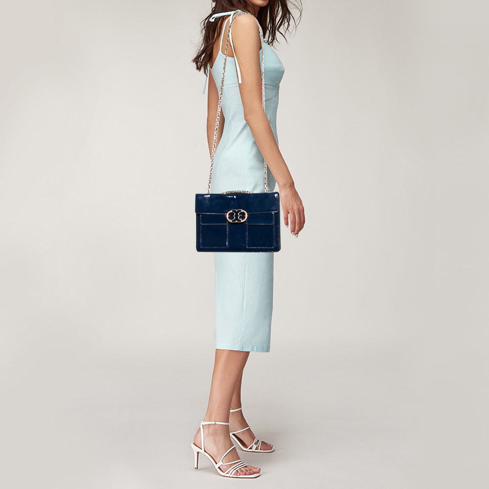 

Tory Burch Blue Patent Leather Gemini Link Shoulder Bag