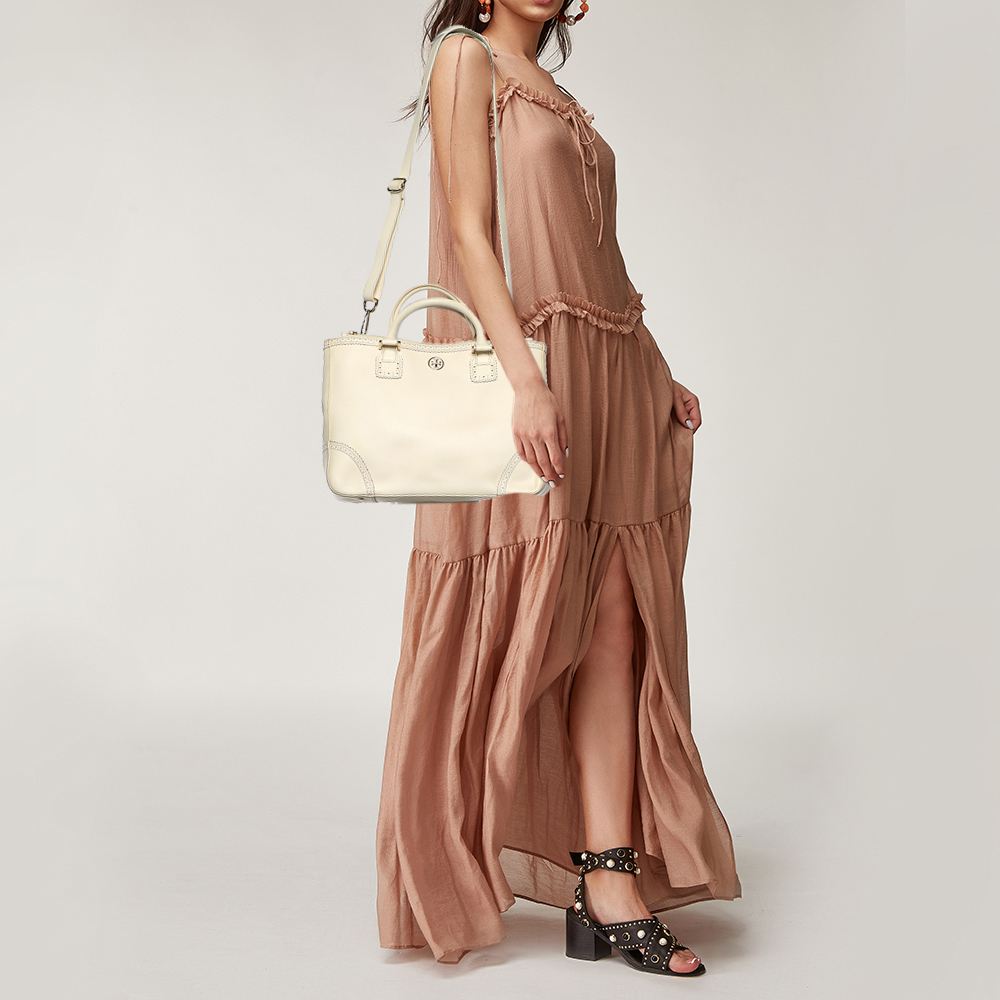 

Tory Burch Off White Leather Large Robinson Double Zip Tote