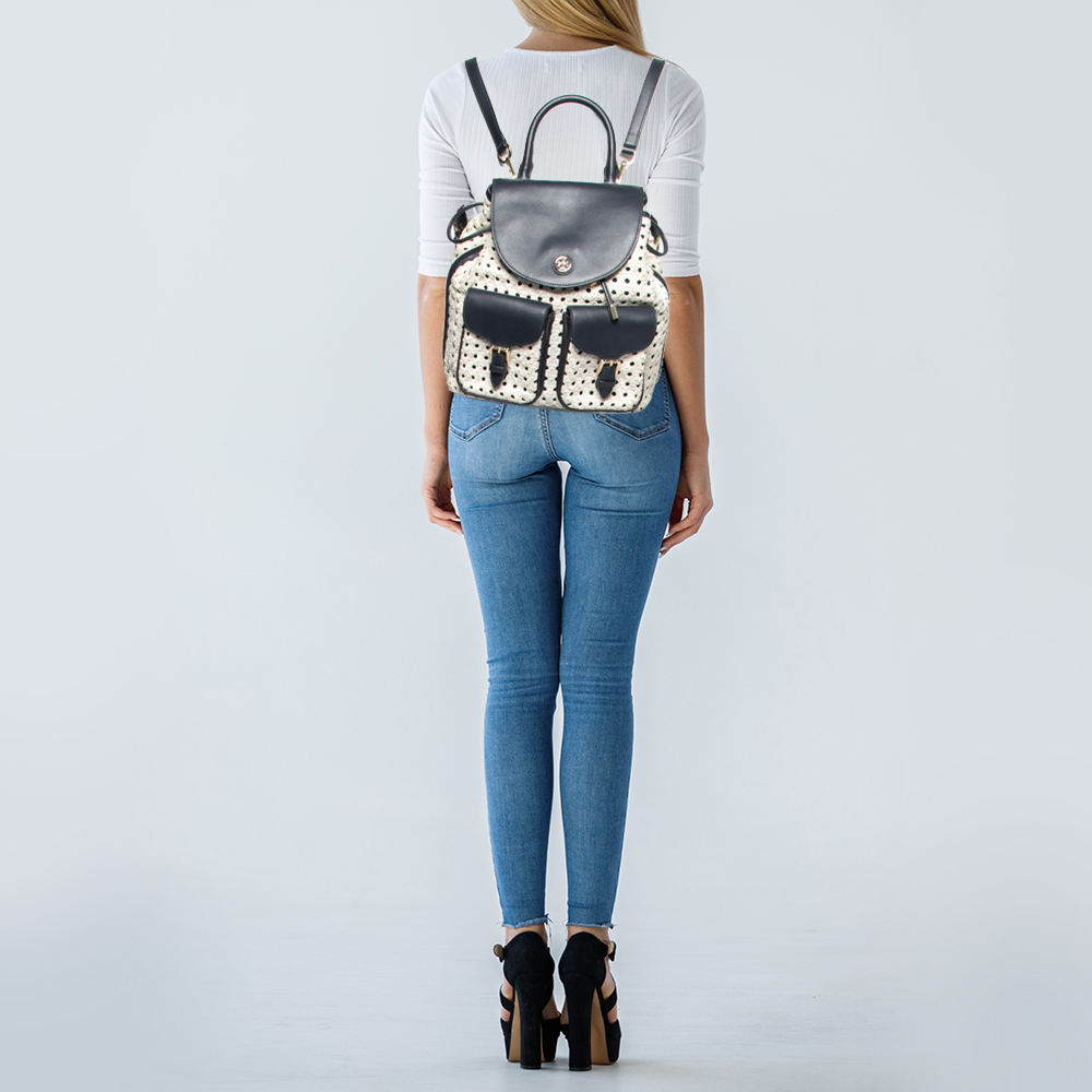 

Tory Burch Navy Blue/White Woven and Saffiano Leather Piper Backpack