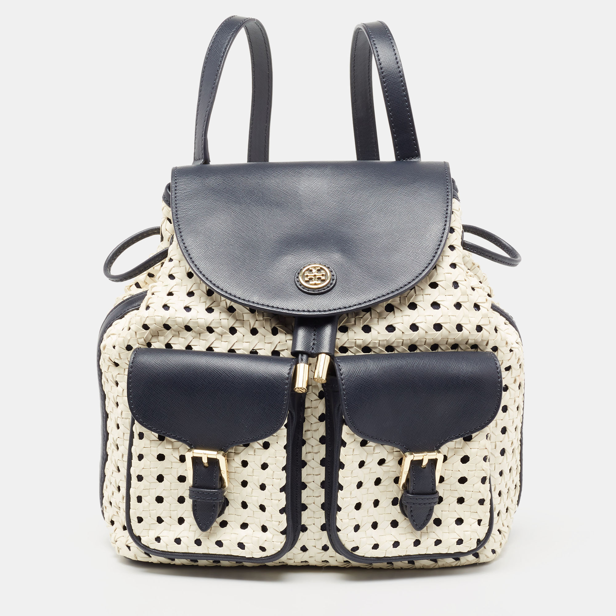 Pre-owned Tory Burch Navy Blue/white Woven And Saffiano Leather Piper  Backpack | ModeSens