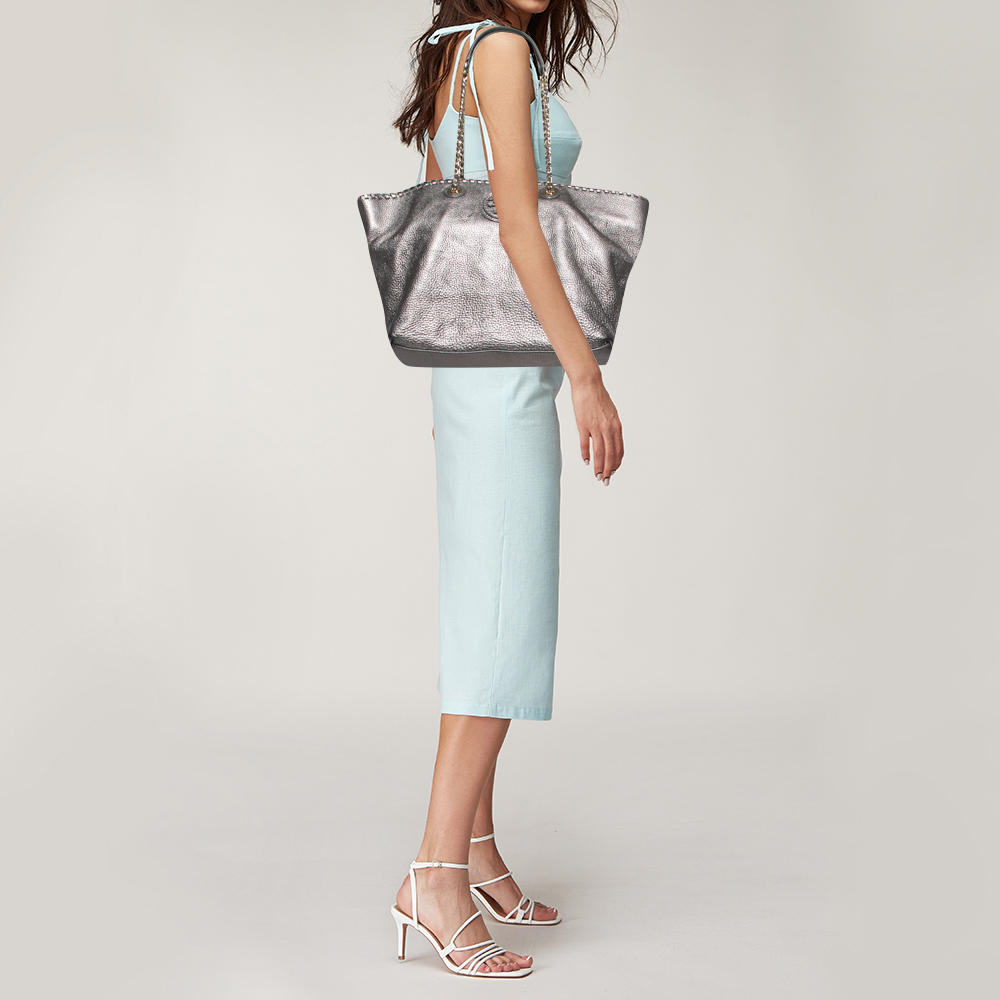 

Tory Burch Metallic Grey Leather Marion Tote