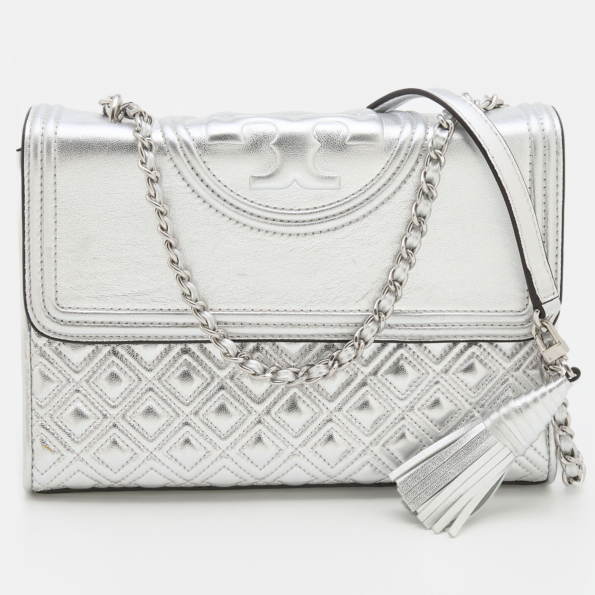 Tory Burch Silver Leather Fleming Convertible Shoulder Bag Tory Burch The Luxury Closet