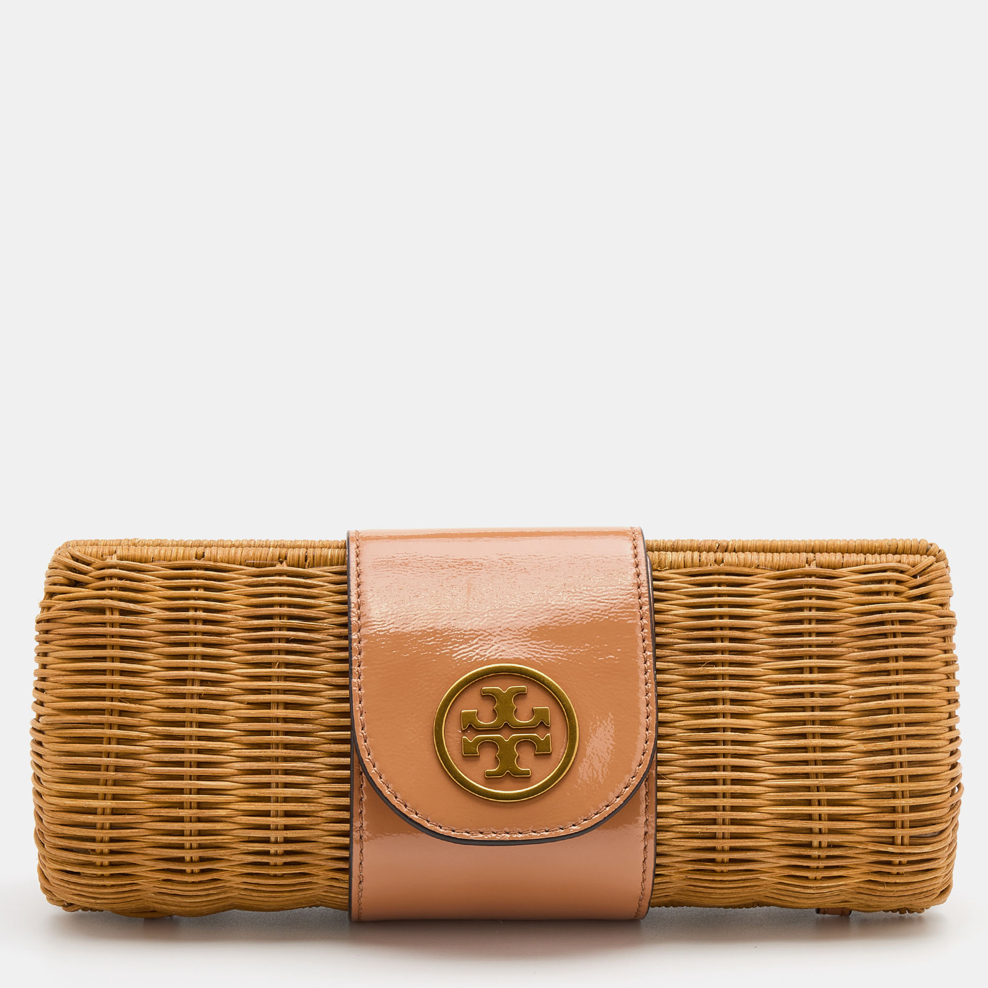 Pre-owned Tory Burch Tan/beige Woven Rattan And Patent Leather Clutch