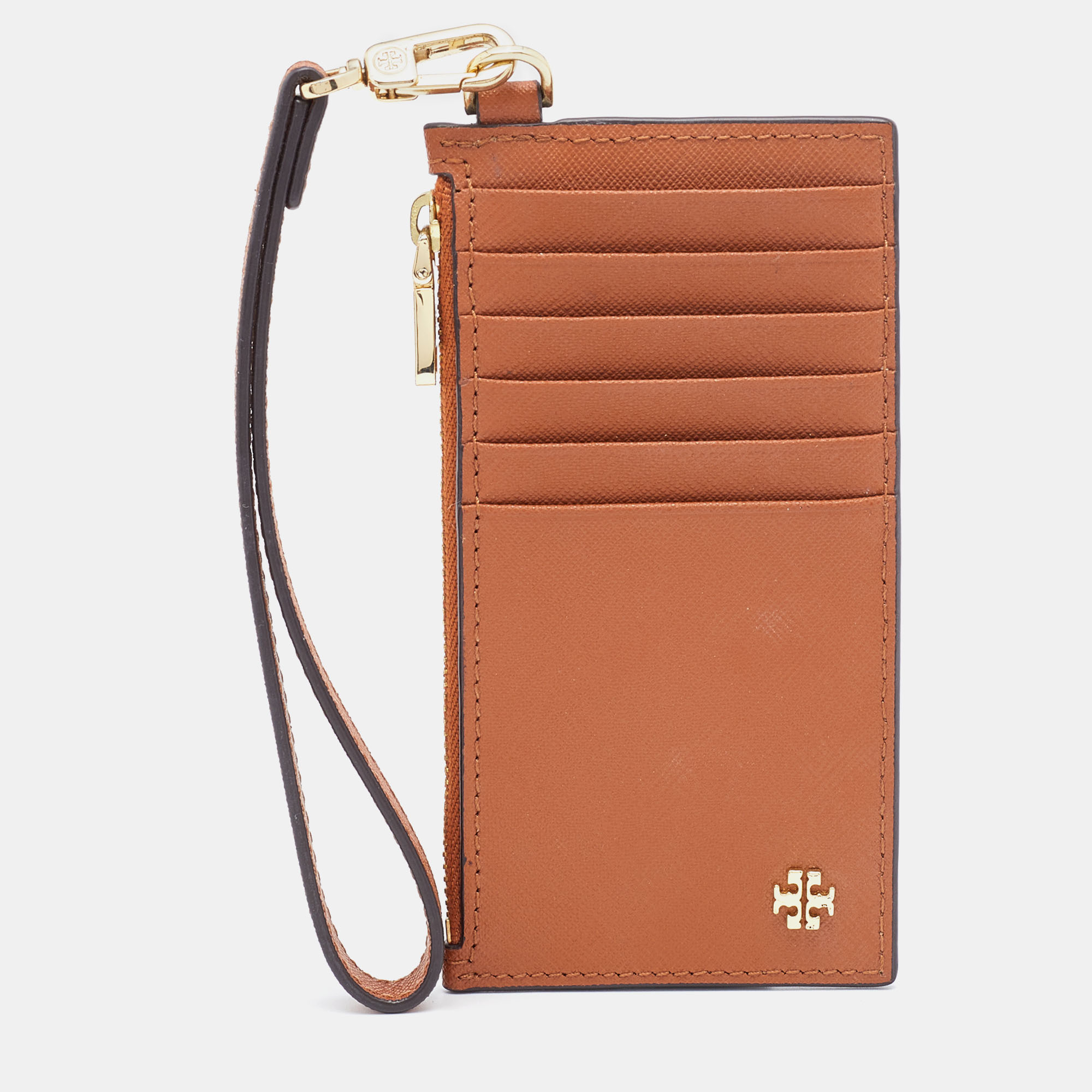Pre-owned Tory Burch Brown Saffiano Leather Miller Top Zip Card Case