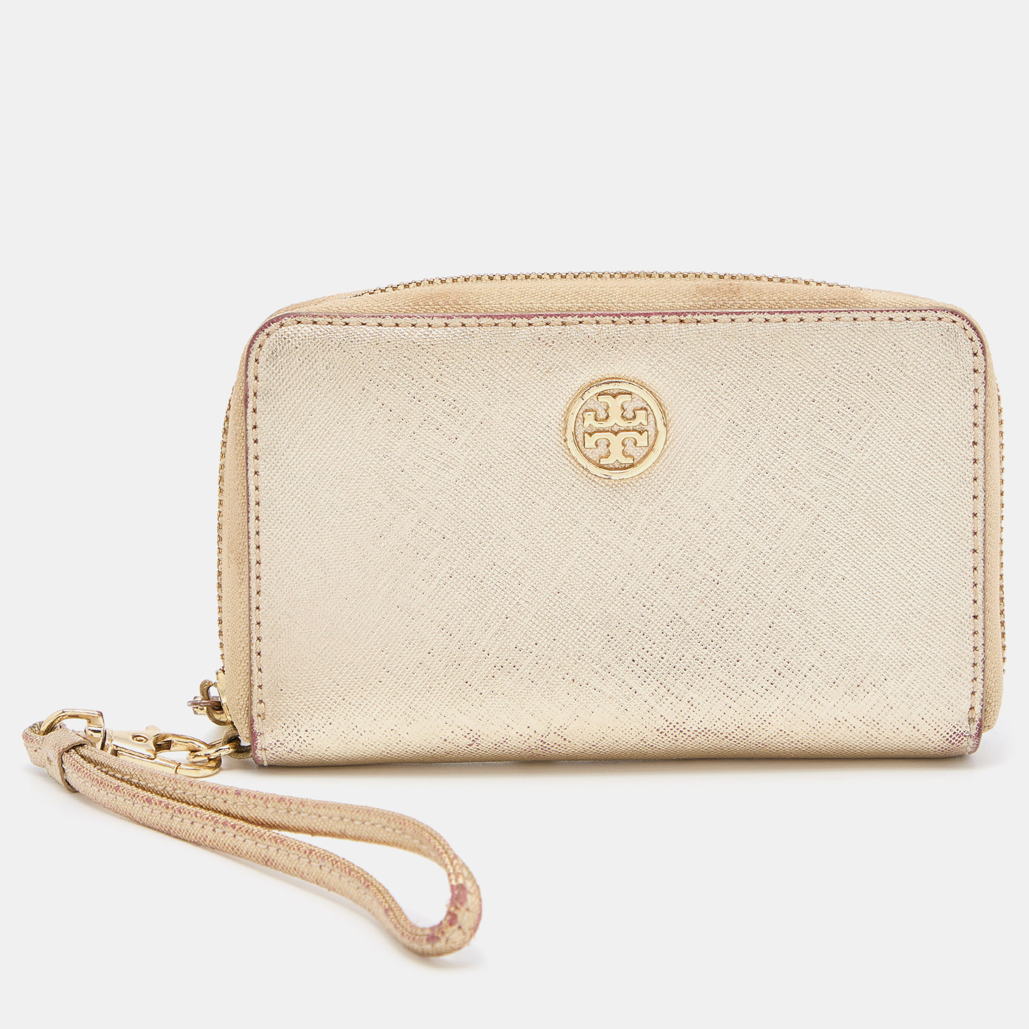 Pre-owned Tory Burch Gold Leather Zip Around Wristlet Wallet