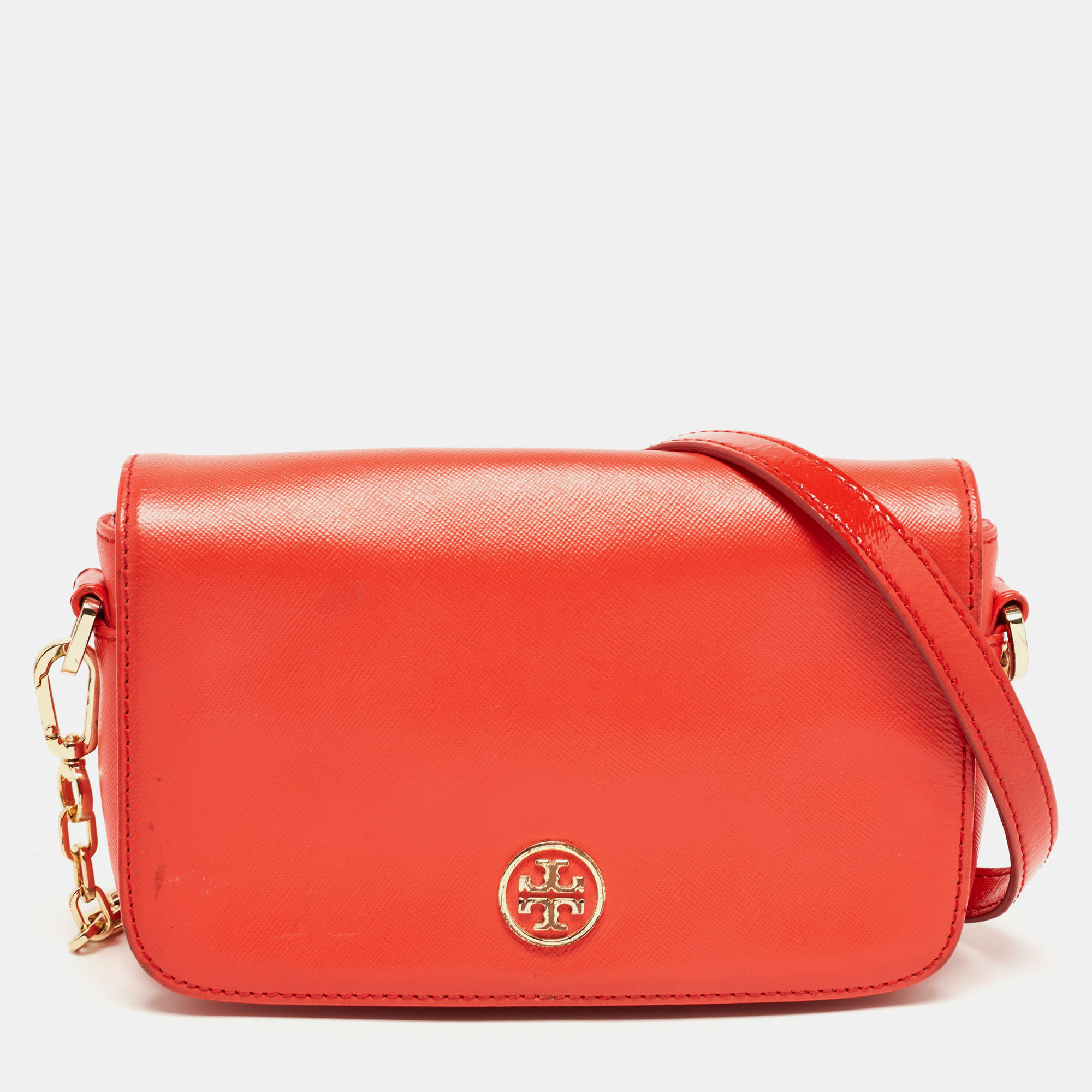 Pre-owned Tory Burch Orange Patent And Leather Mini Robinson Crossbody Bag