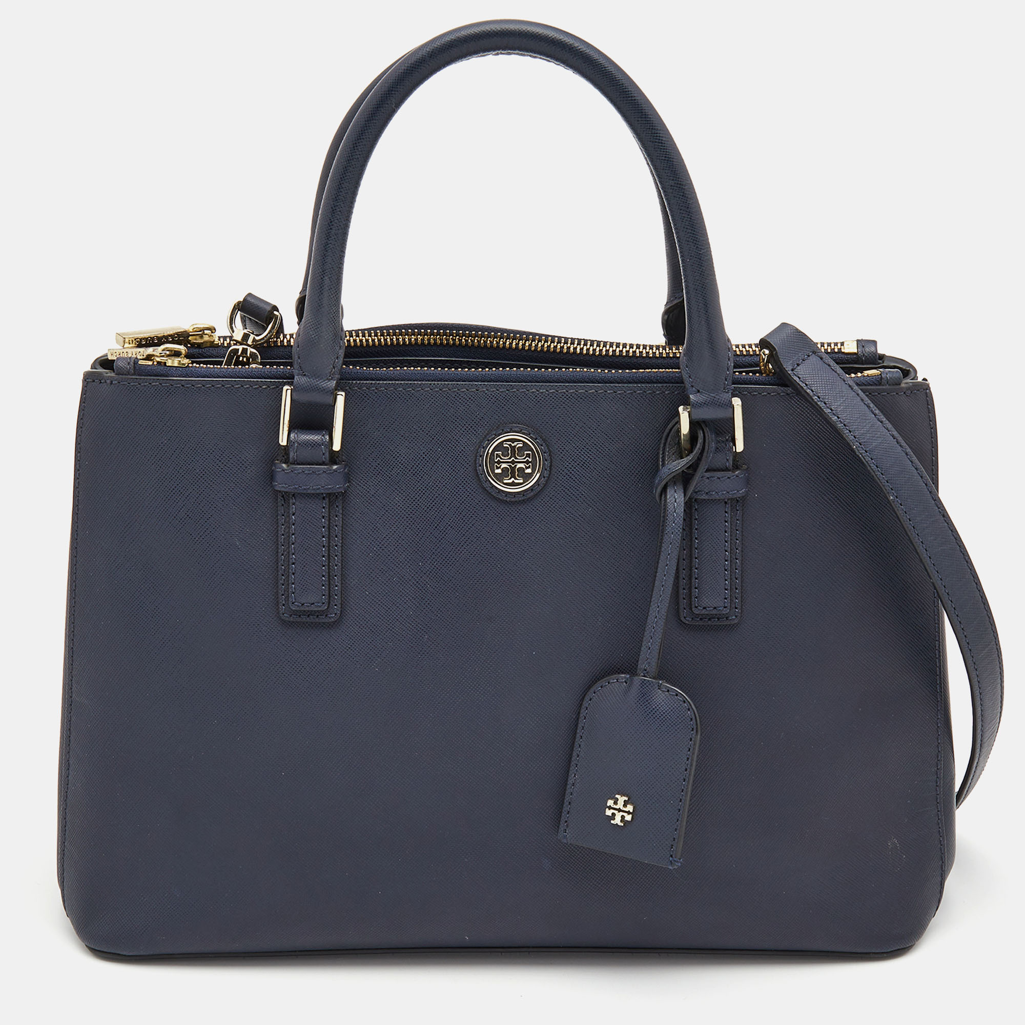

Tory Burch Navy Blue Saffiano Leather Robinson Double Zip Tote