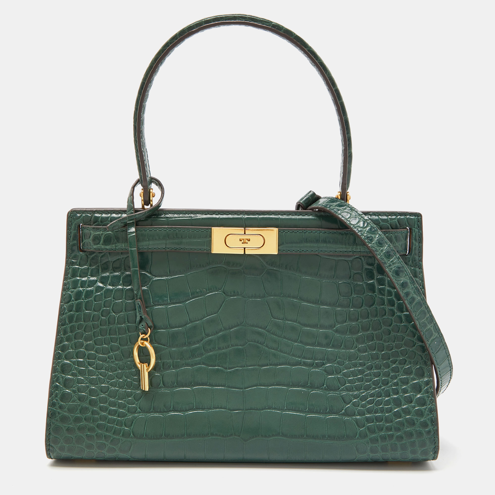 Tory Burch Green Croc Embossed Leather Lee Radziwill Top Handle Bag ...