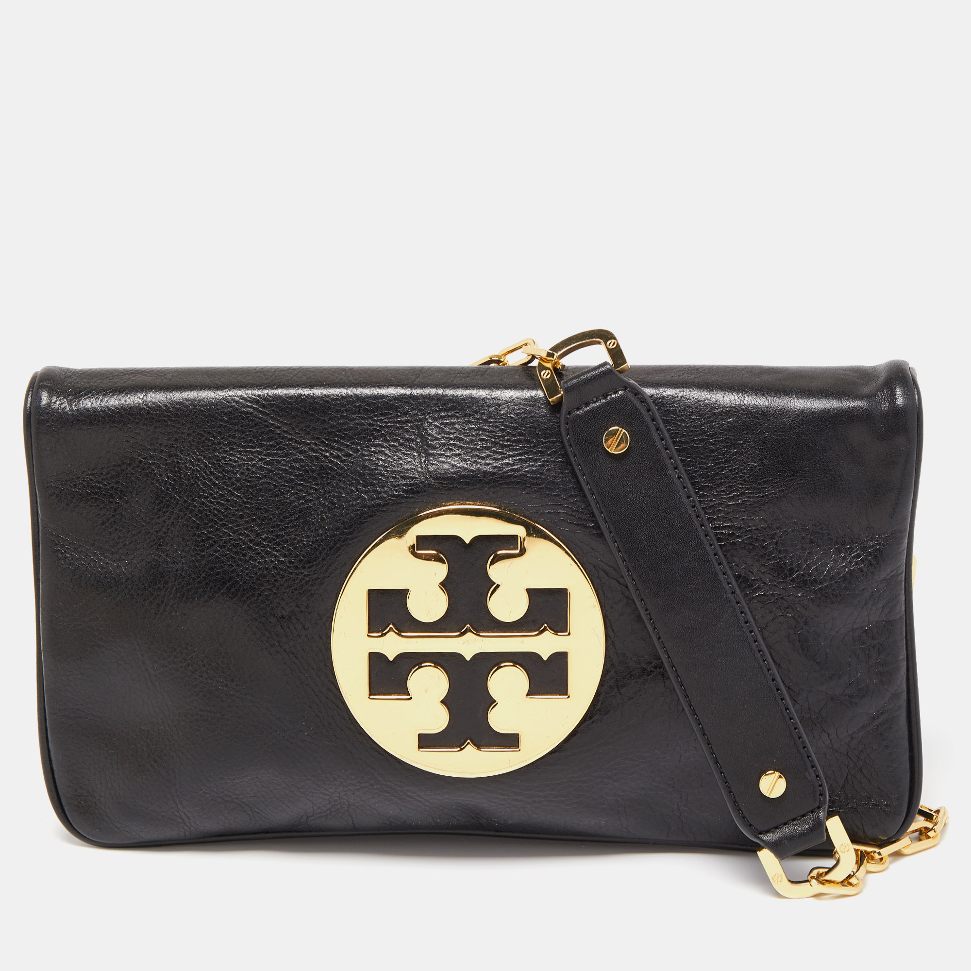Pre-owned Tory Burch Black Glossy Leather Reva Chain Clutch
