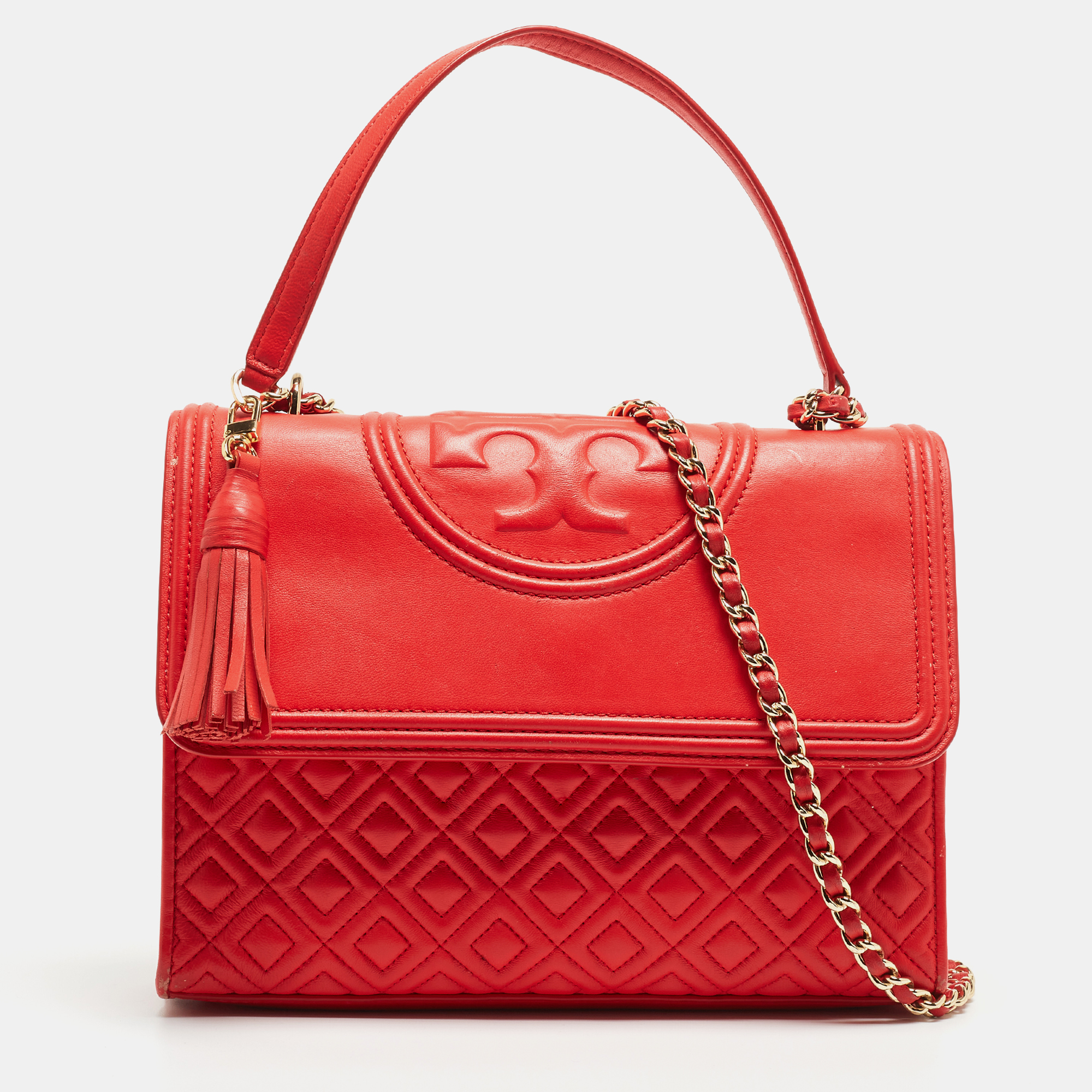 Pre-owned Tory Burch Red Quilted Leather Large Fleming Shoulder