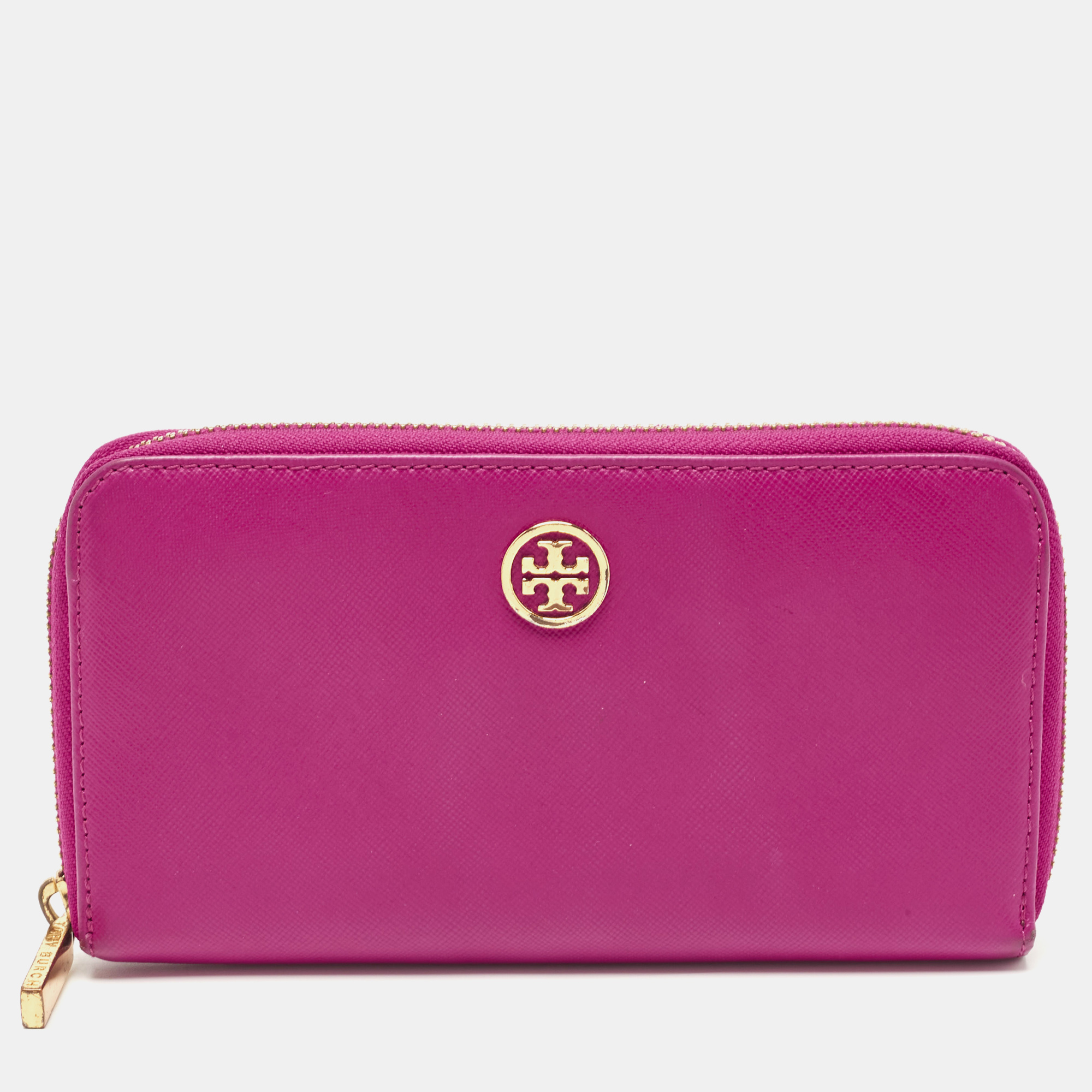 Pre-owned Tory Burch Majenta Saffiano Leather Robinson Zip Around Wallet In Pink
