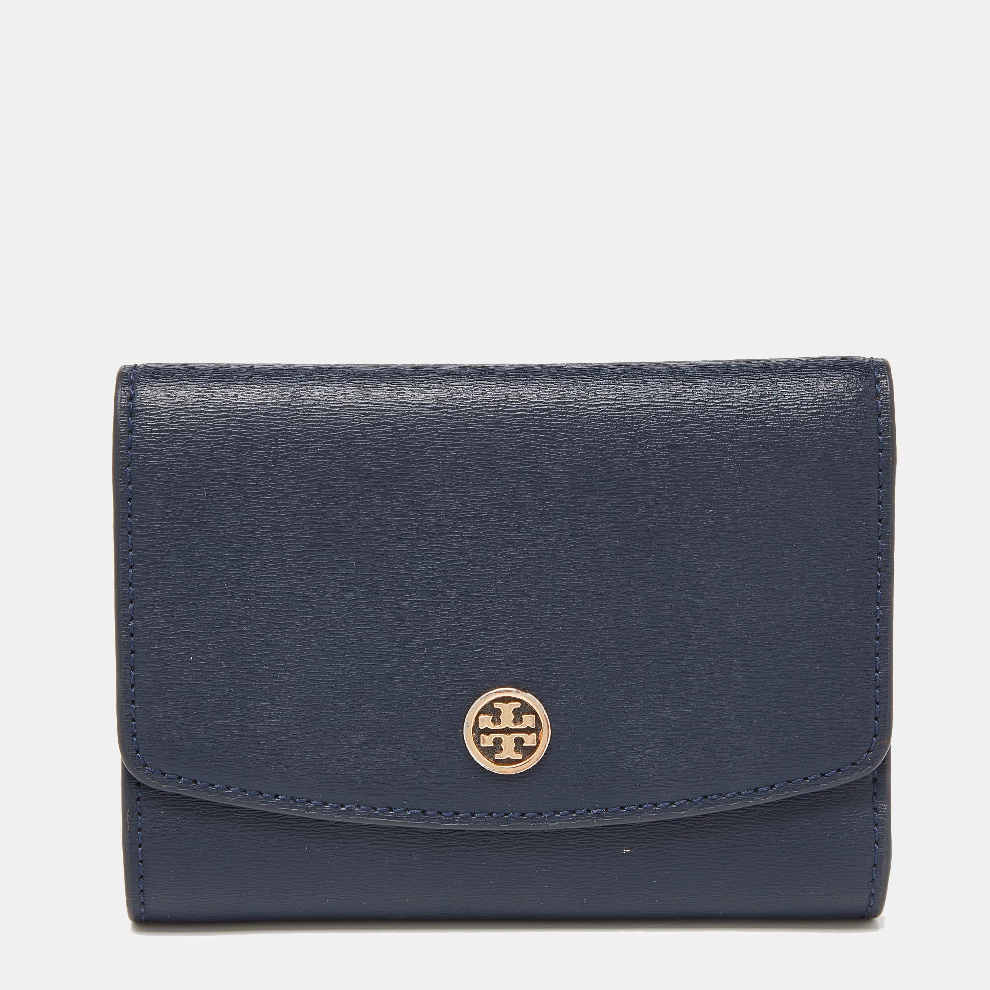 Pre-owned Tory Burch Blue Leather Robinson Flap Trifold Wallet