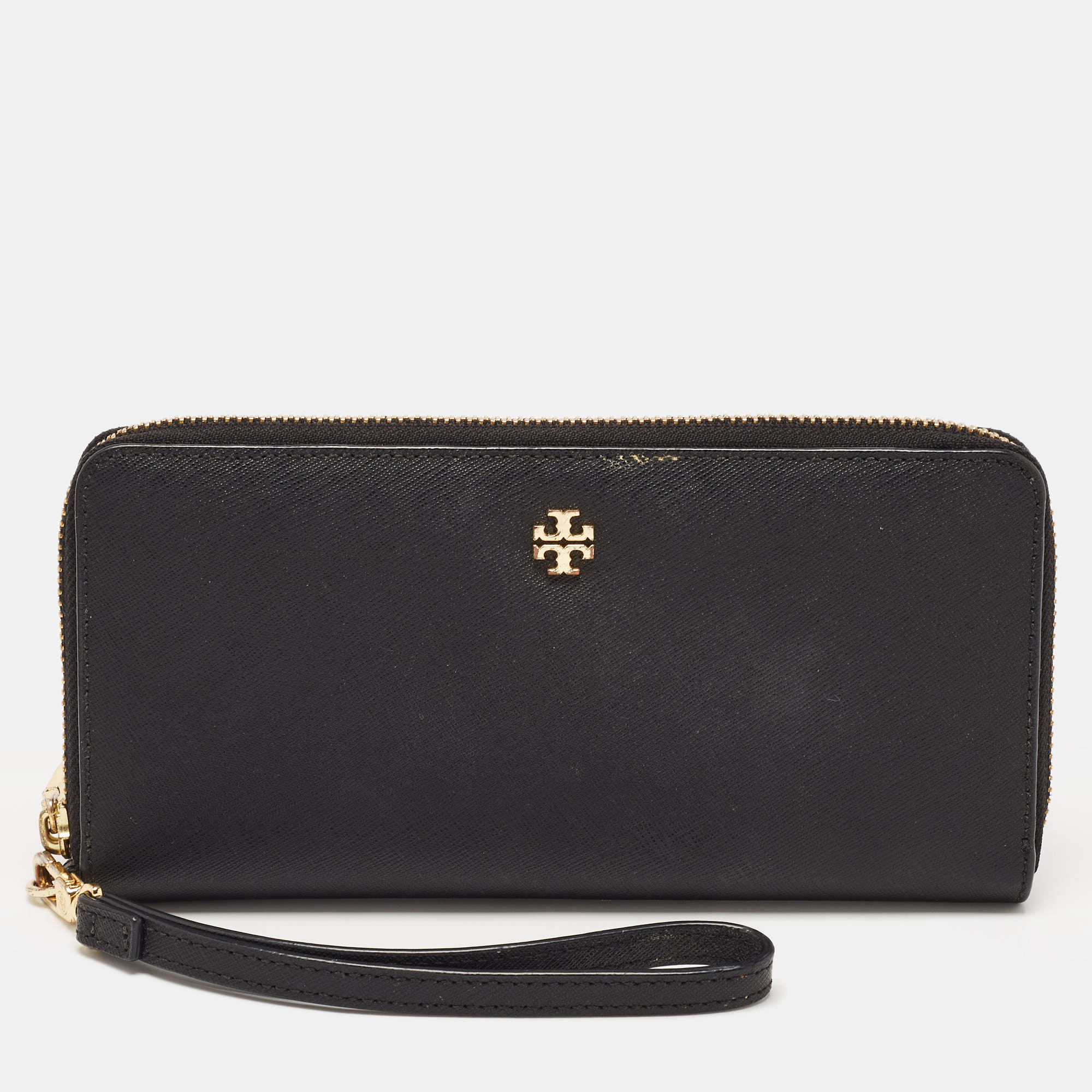 Pre-owned Tory Burch Black Leather Robinson Zip Around Wristlet Wallet