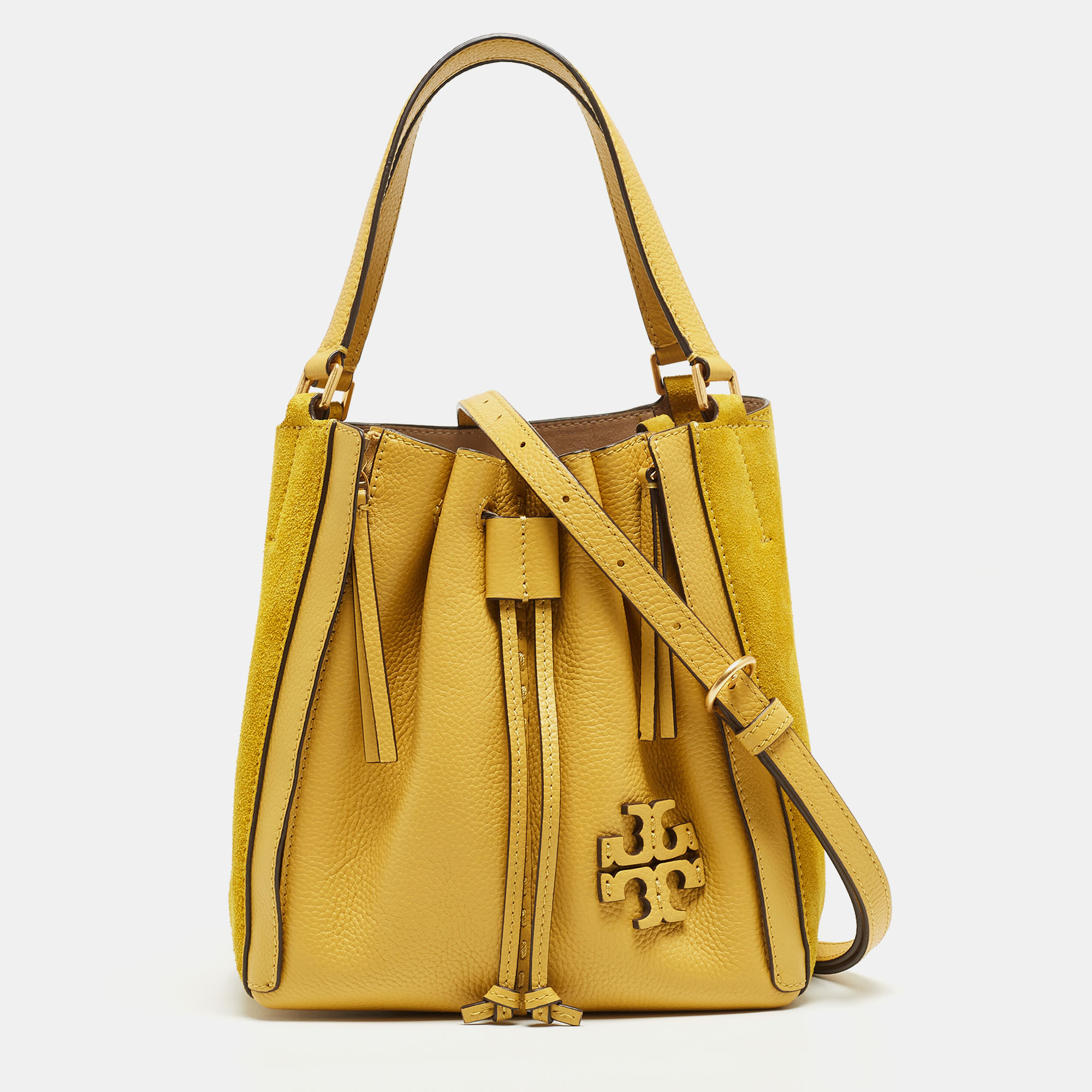 

Tory Burch Yellow Leather and Suede McGraw Dragonfly Drawstring Bag