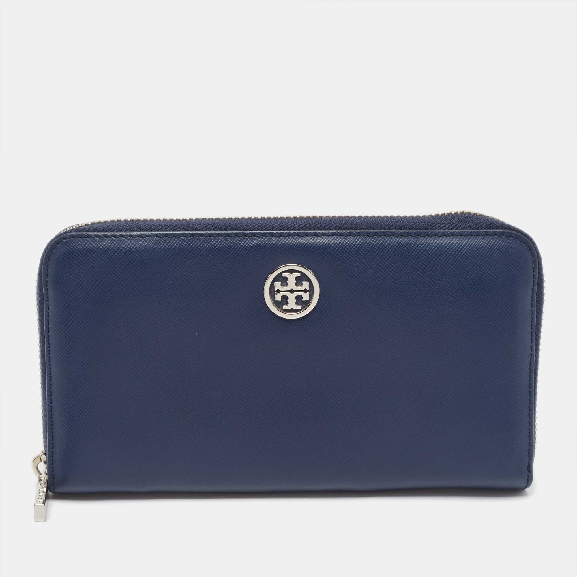 Pre-owned Tory Burch Blue Leather Robinson Zip Around Wallet