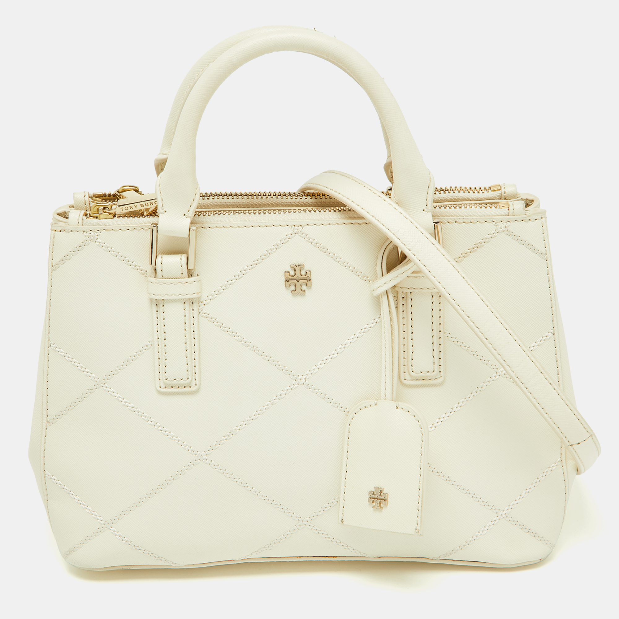 Pre-owned Tory Burch Off White Leather Mini Robinson Double Zip Tote