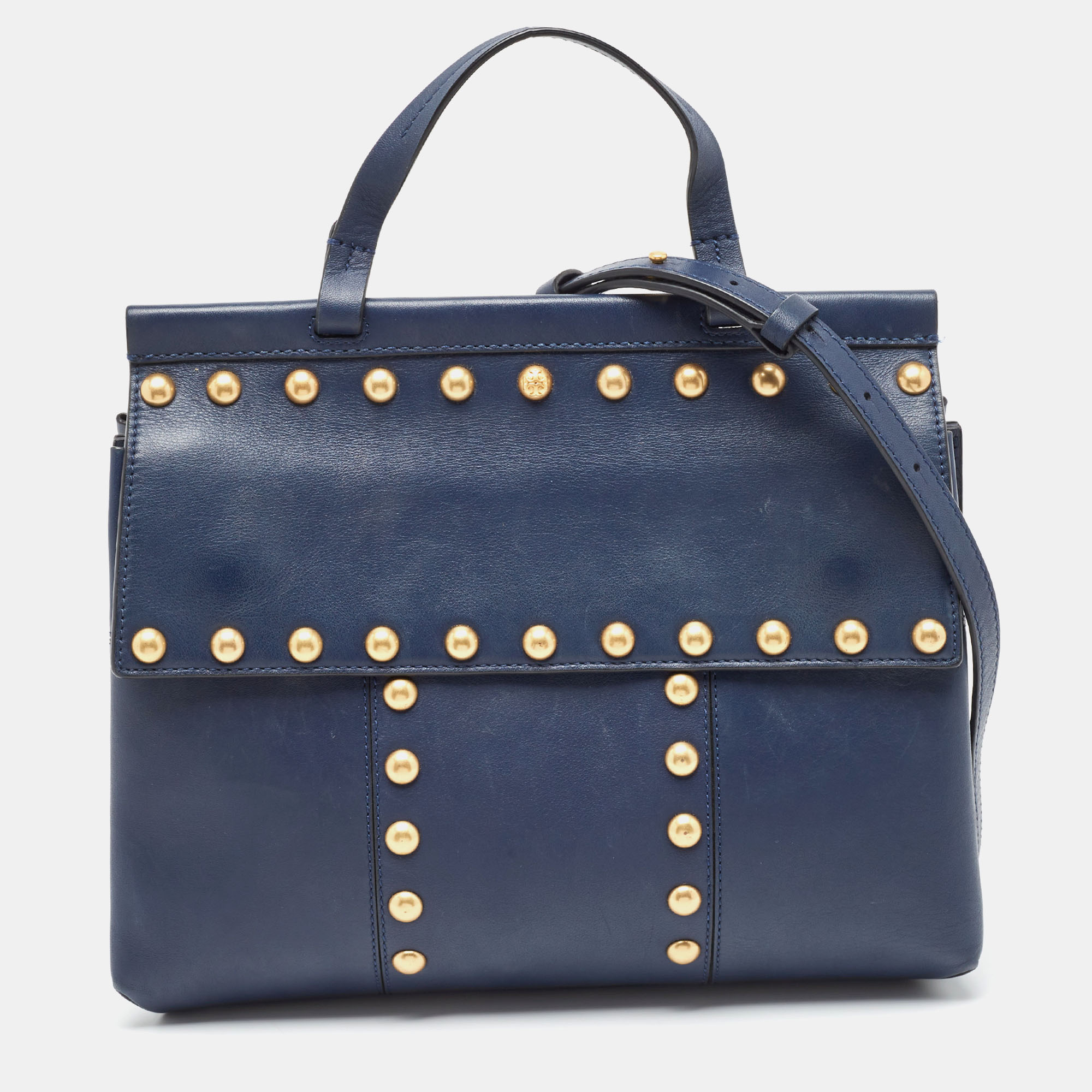 Pre-owned Tory Burch Navy Blue Leather Block-t Studded Top Handle Bag