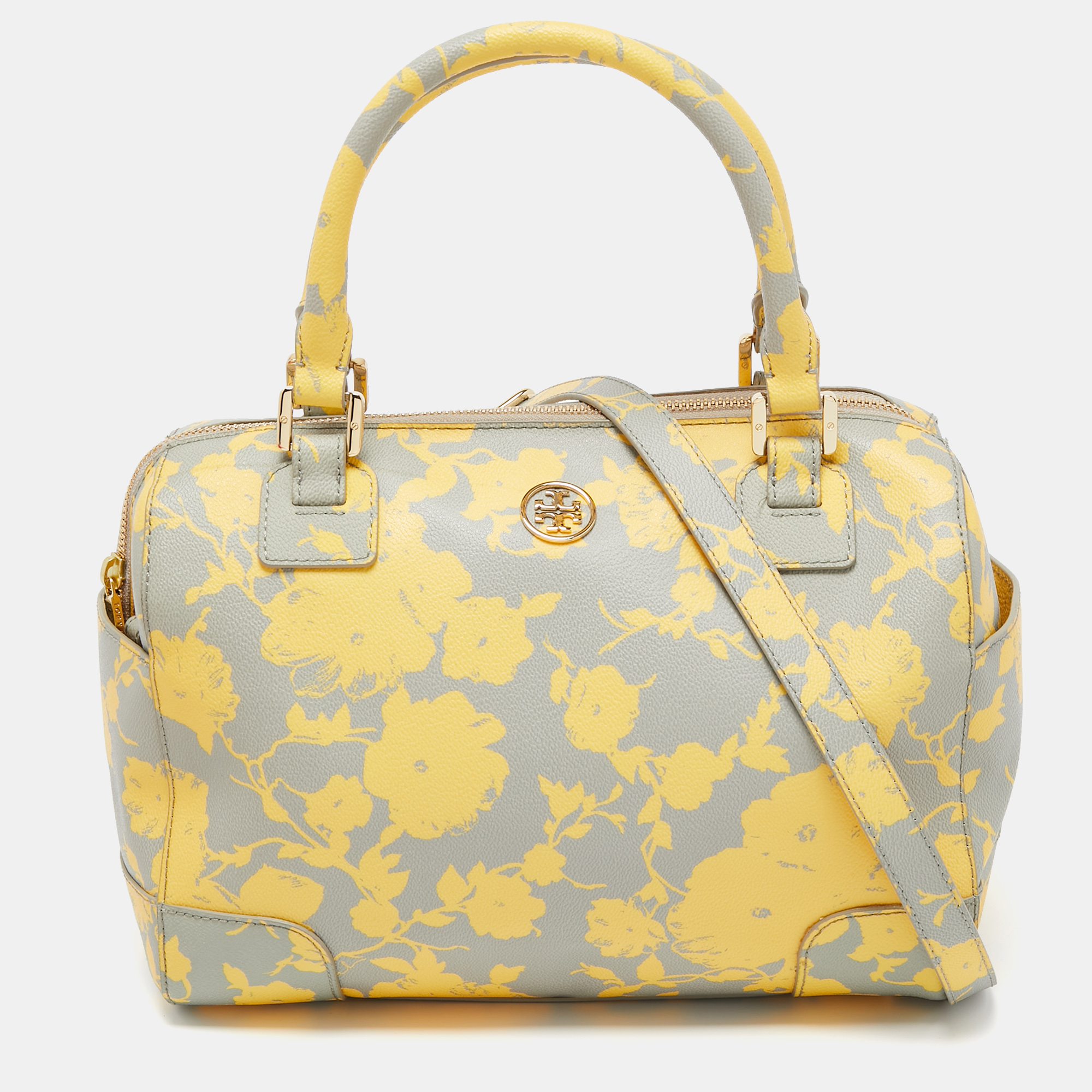 Tory Burch Yellow/Grey Floral Print Coated Canvas Boston Bag