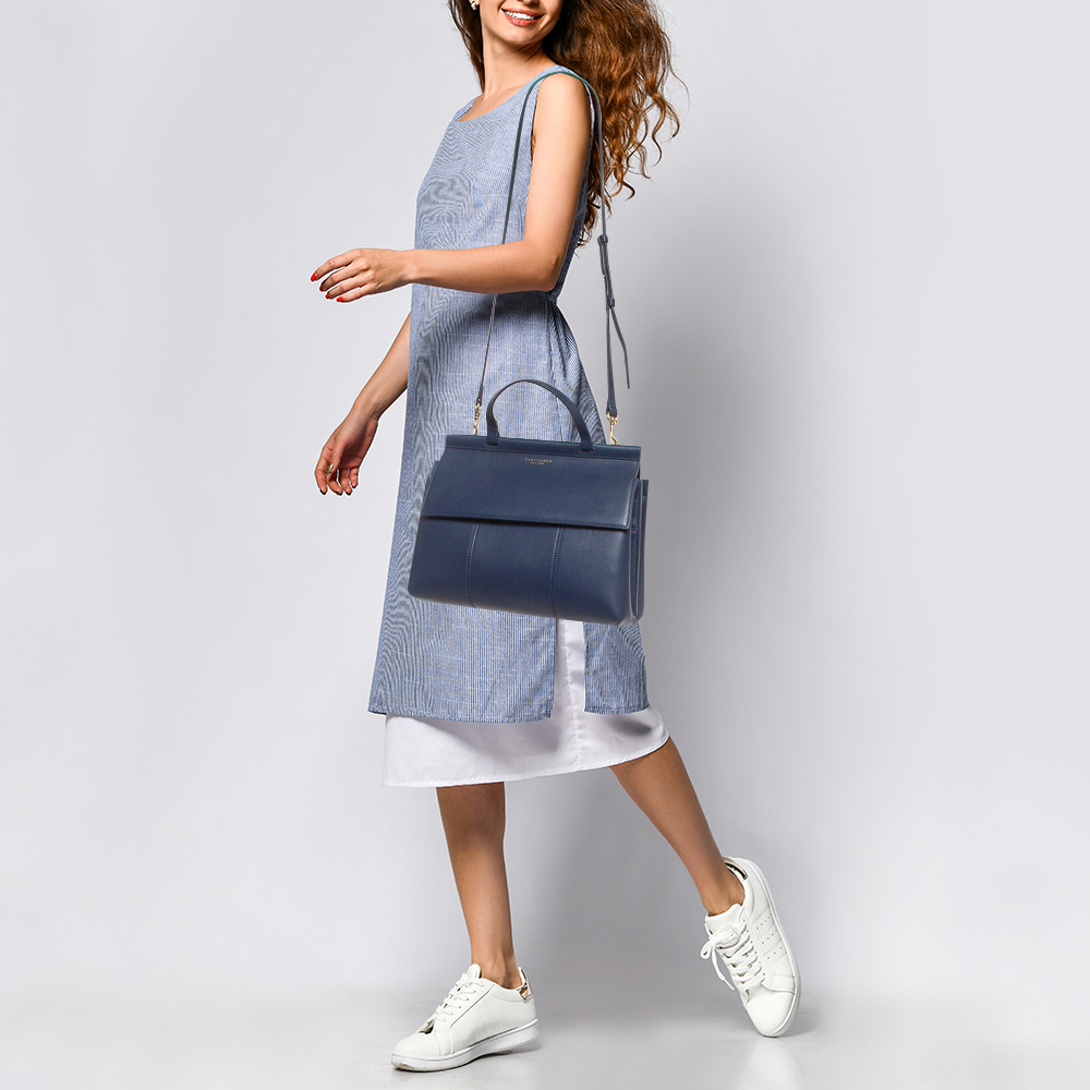 

Tory Burch Navy Blue Leather Block T Top Handle Bag