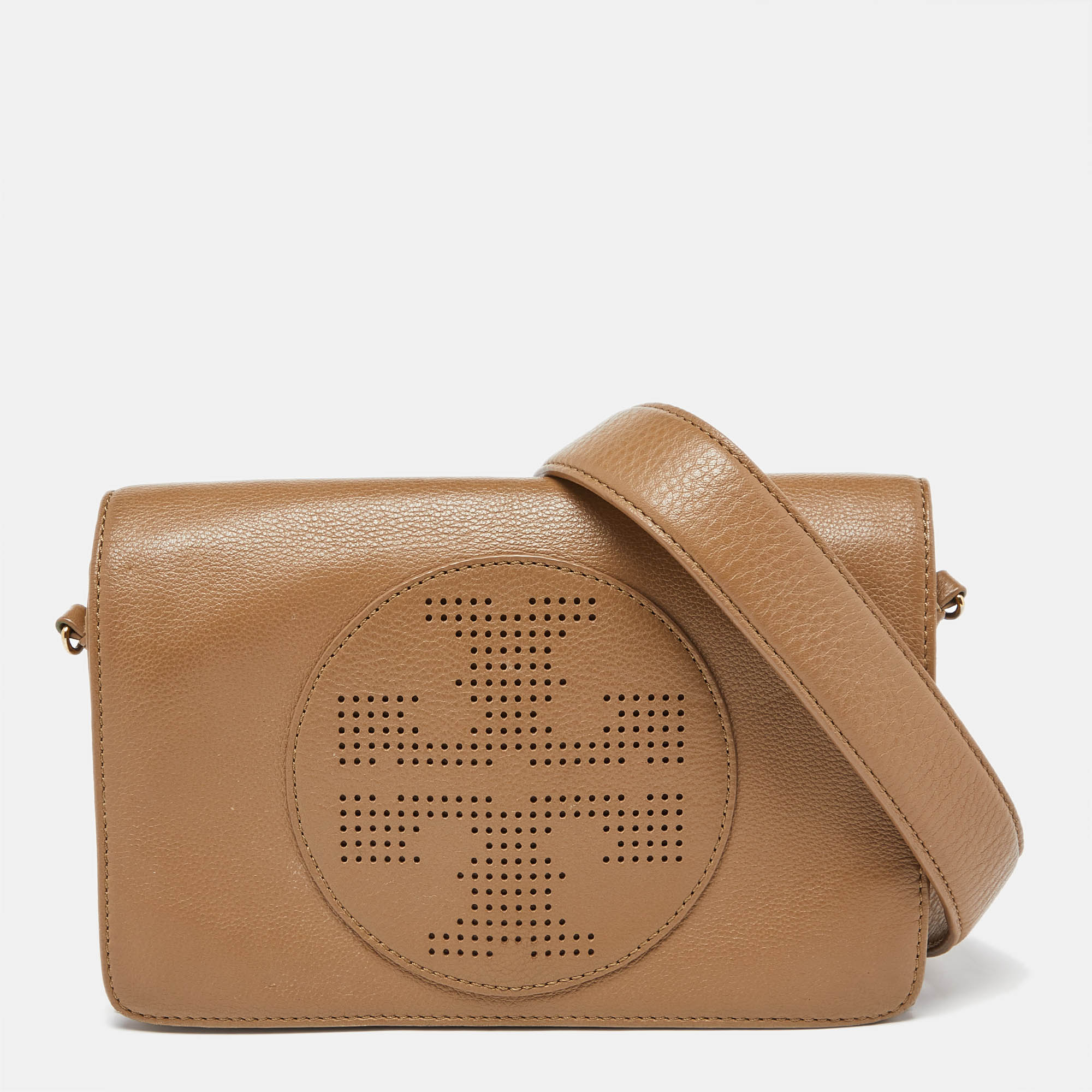 

Tory Burch Brown Perforated Logo Leather Flap Crossbody Bag