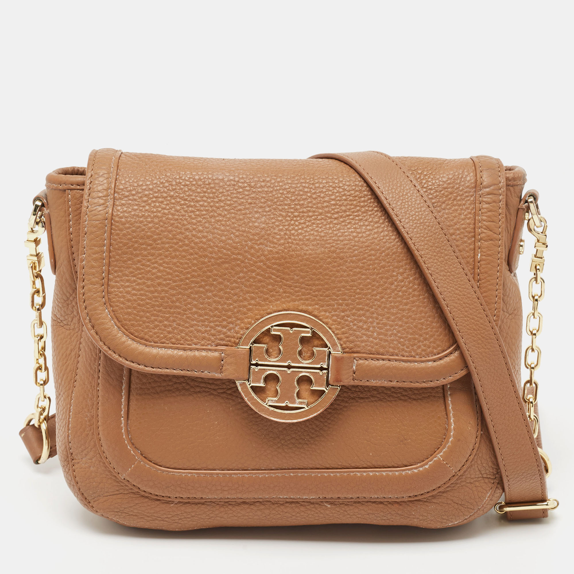 Pre-owned Tory Burch Tan Leather Flap Crossbody Bag In Brown