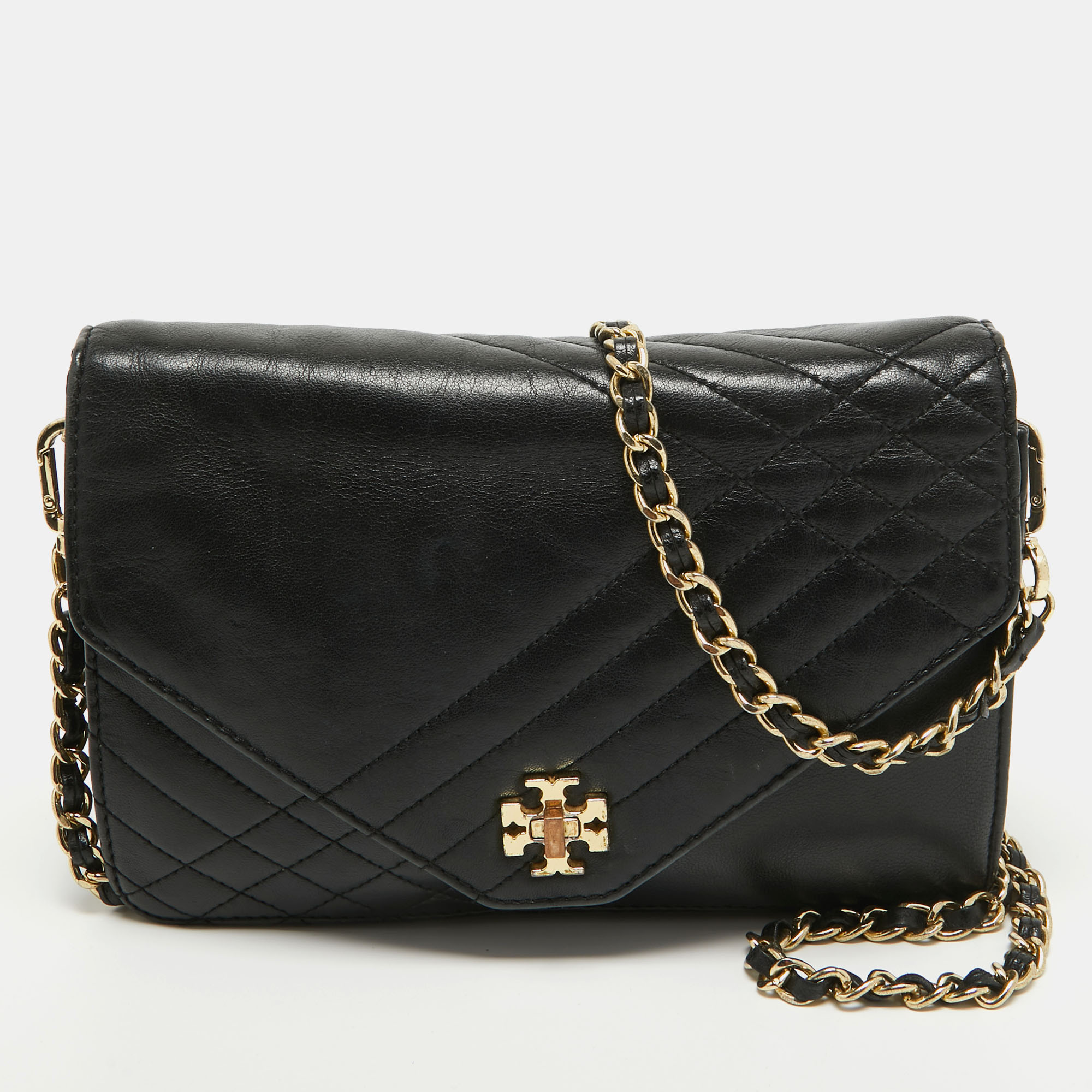Pre-owned Tory Burch Black Leather Kira Envelope Flap Chain Bag