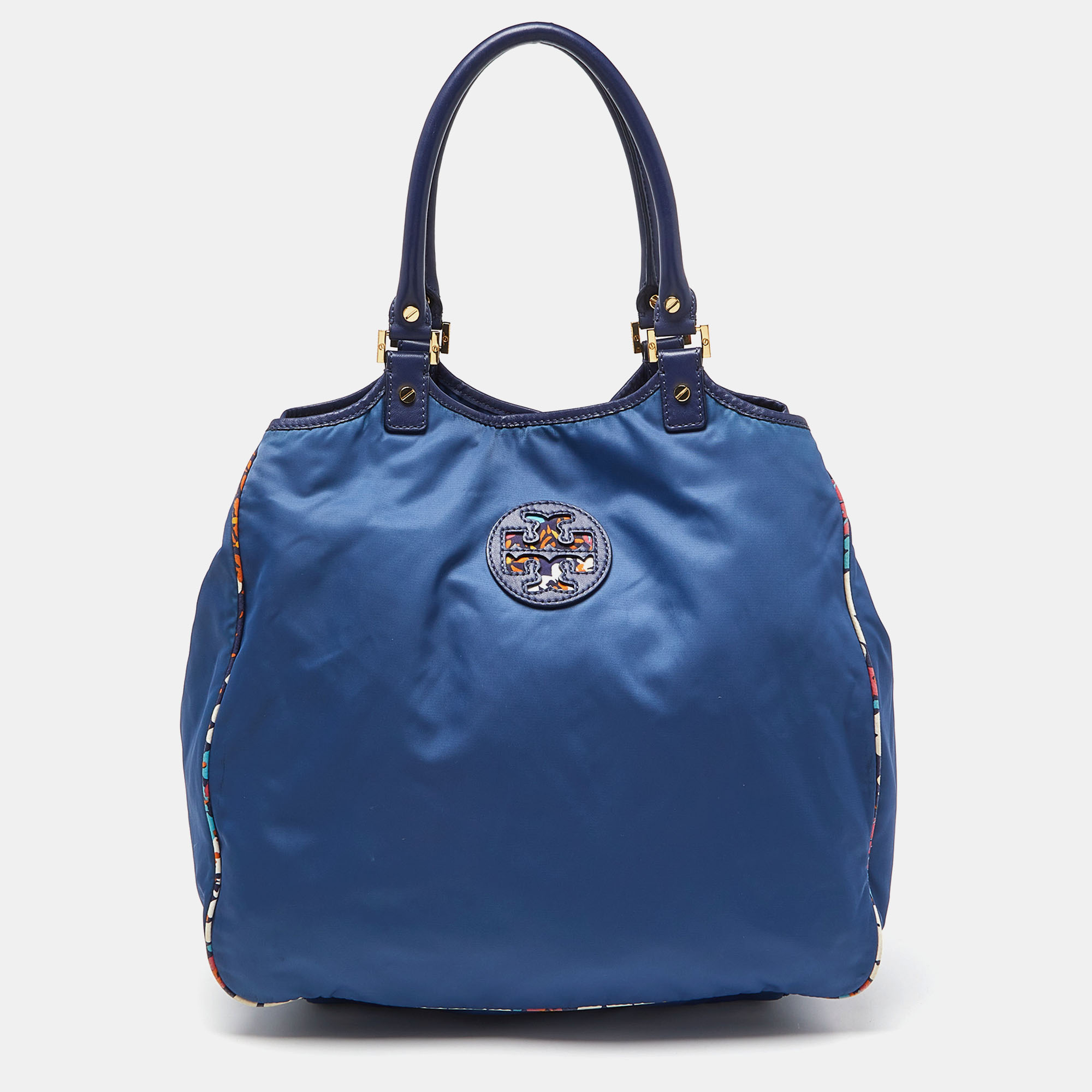 Pre-owned Tory Burch Multicolor/blue Floral Printed Nylon And Leather Reversible Tote
