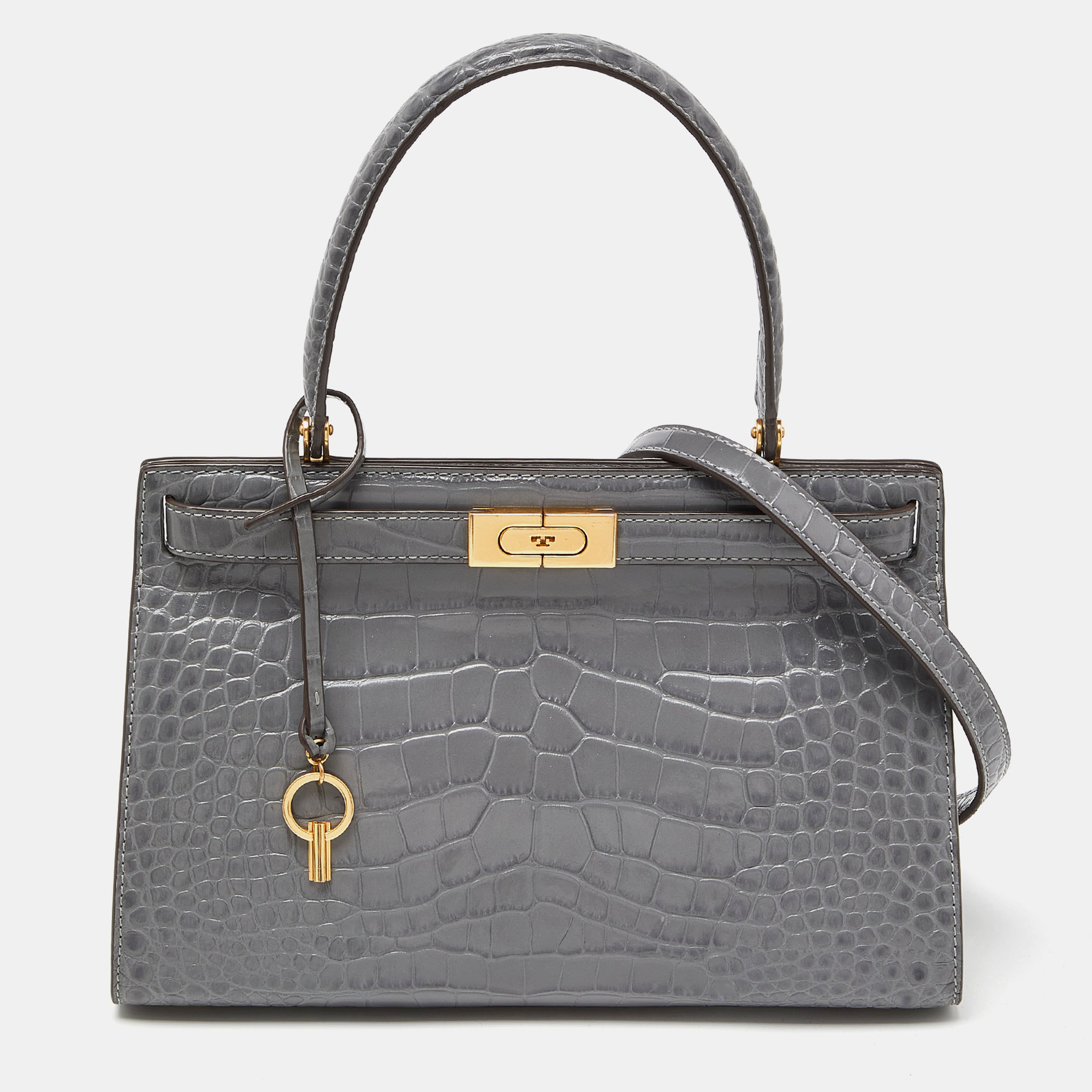 

Tory Burch Grey Croc Embossed Leather Small Lee Radziwill Top Handle Bag