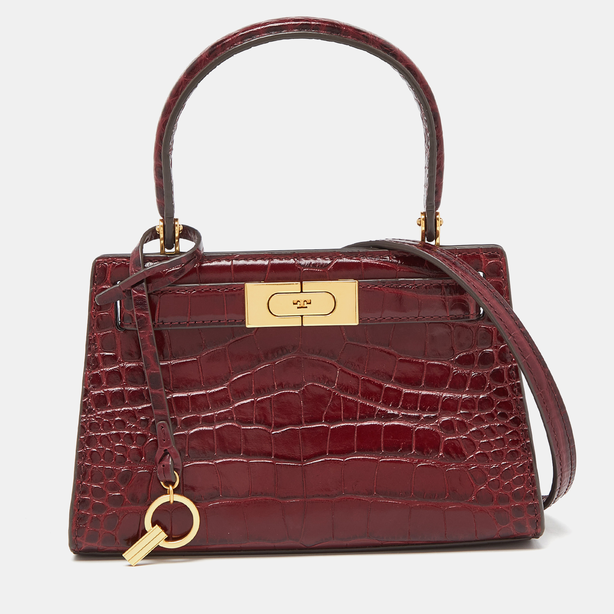 

Tory Burch Red Croc Embossed Leather Petite Lee Radziwill Top Handle Bag