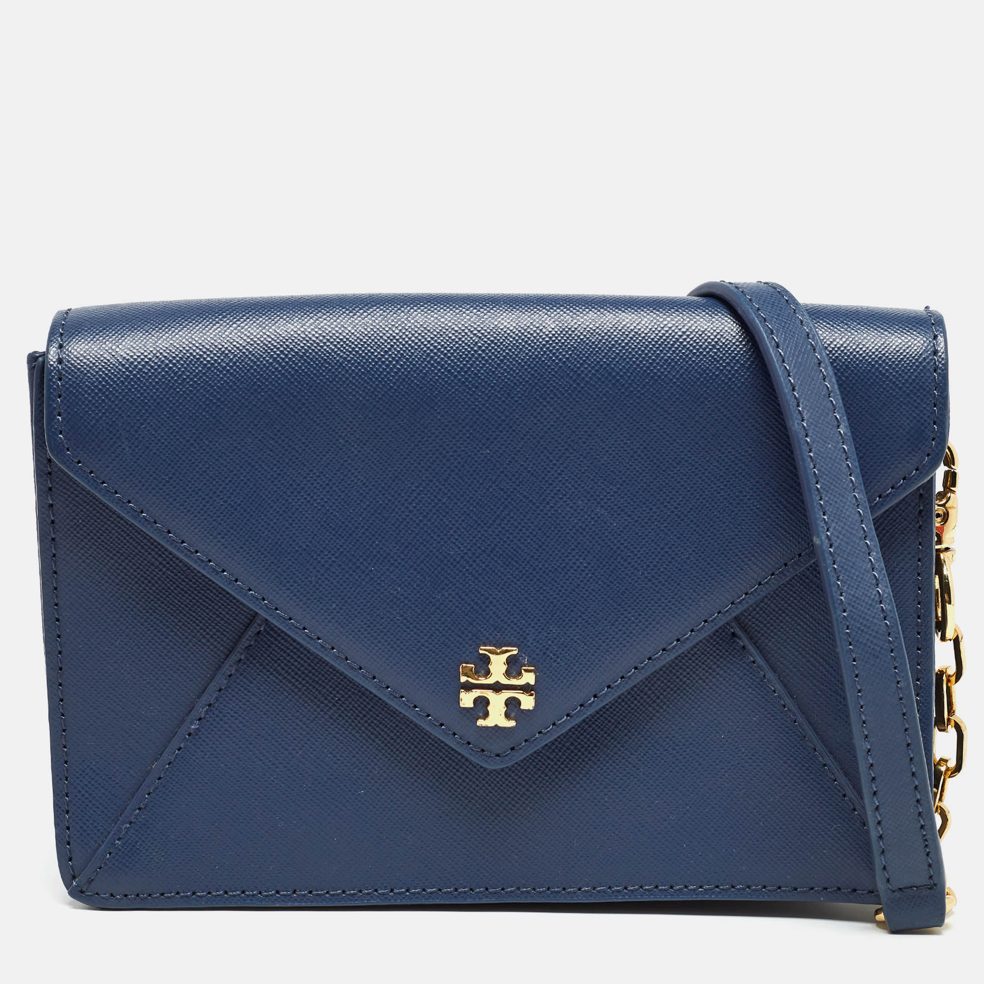 Pre-owned Tory Burch Navy Blue Leather Kira Envelope Flap Chain Clutch