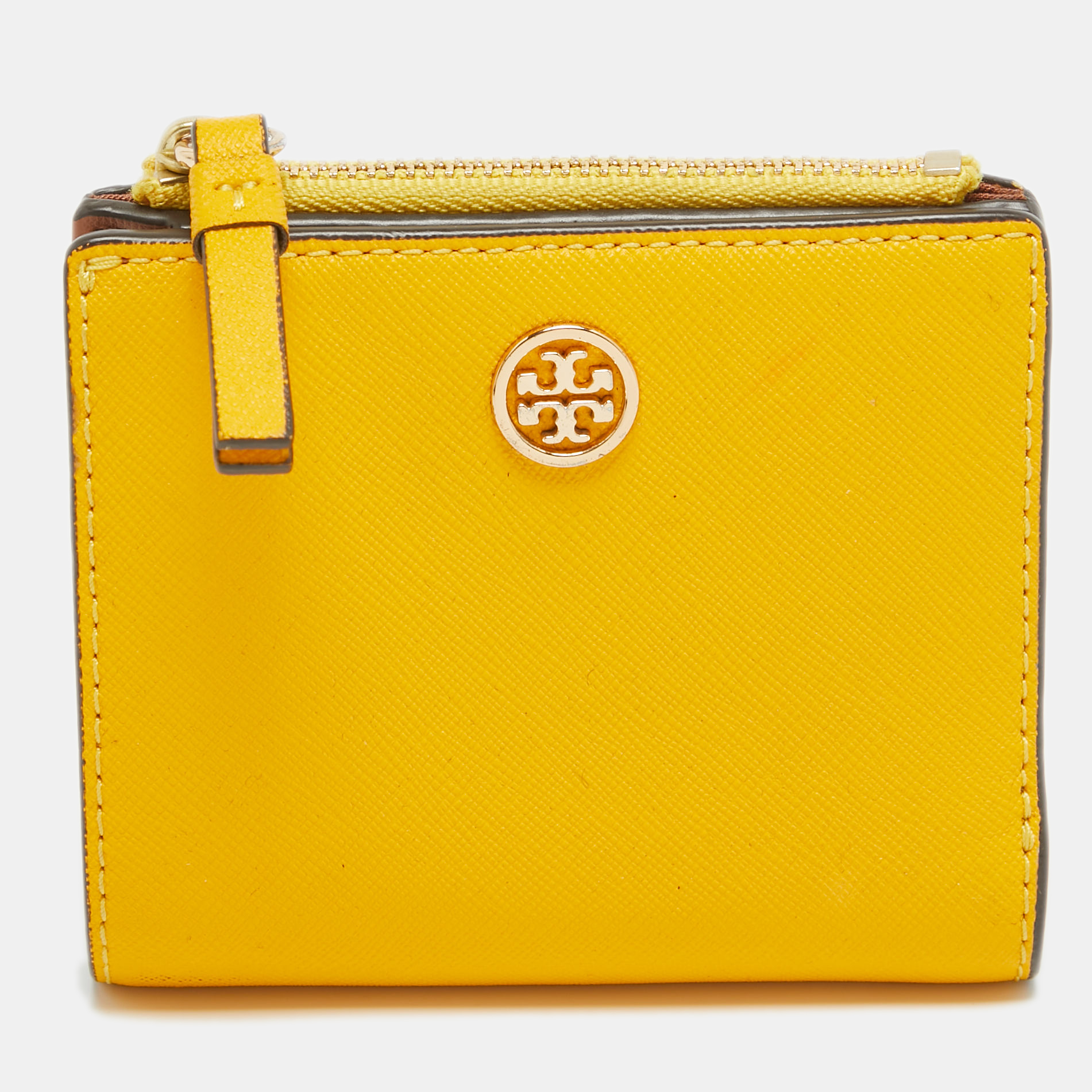 Pre-owned Tory Burch Mustard Leather Mini Robinson Wallet In Yellow