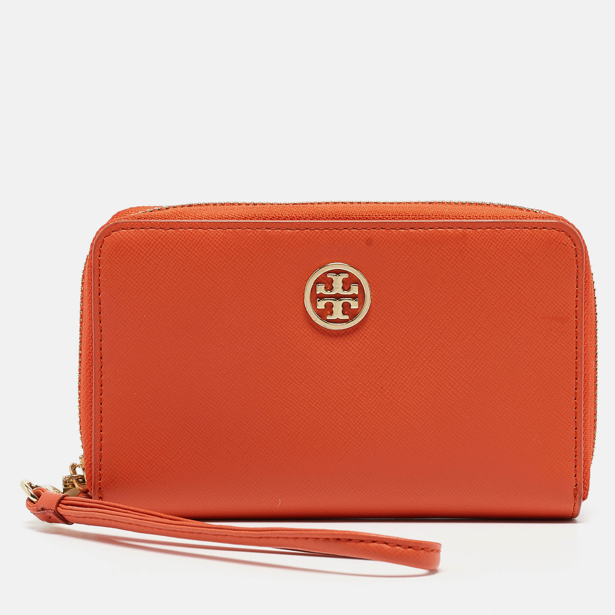 Pre-owned Tory Burch Orange Leather Robinson Zip Around Wristlet Wallet