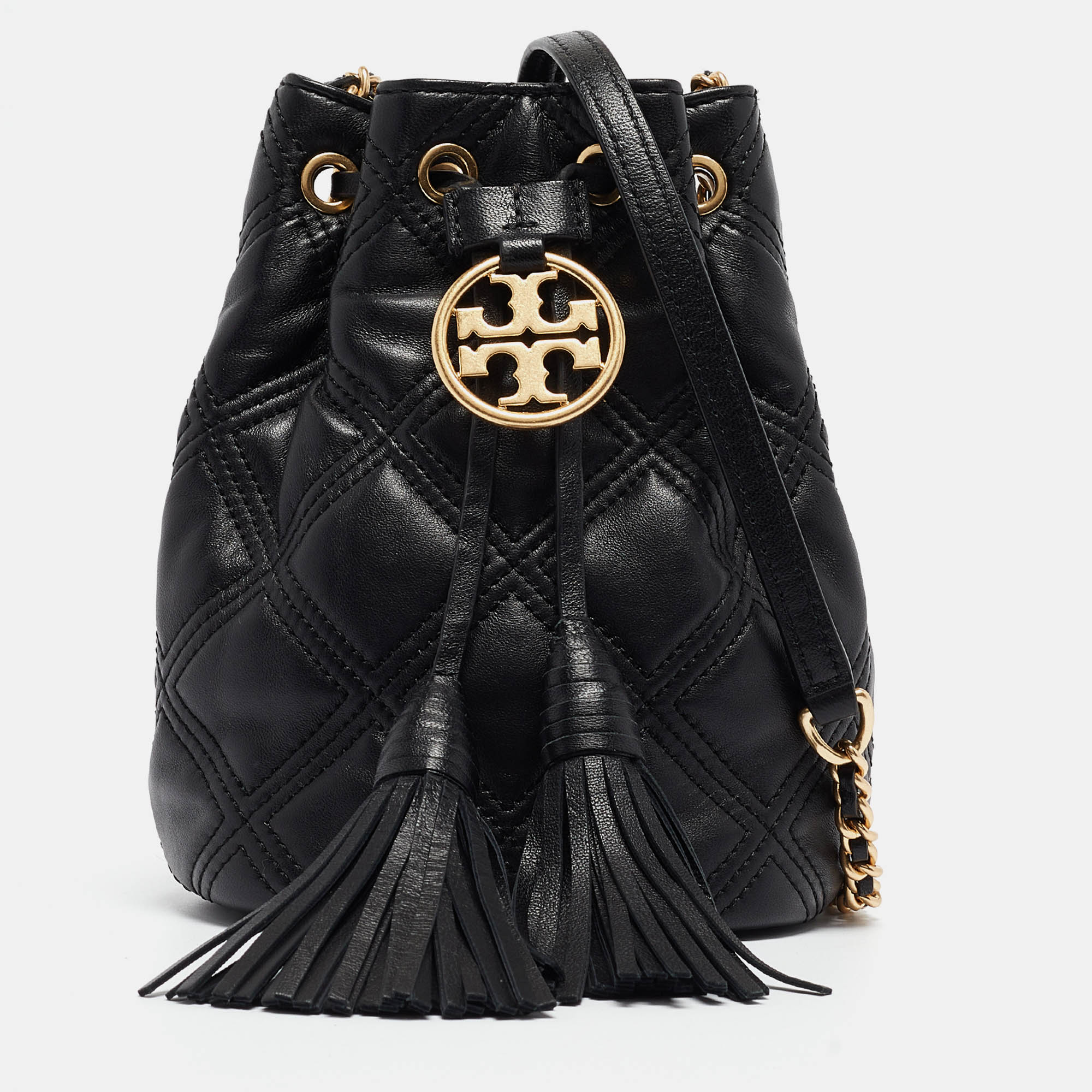 

Tory Burch Black Quilted Leather Mini Soft Fleming Bucket Bag