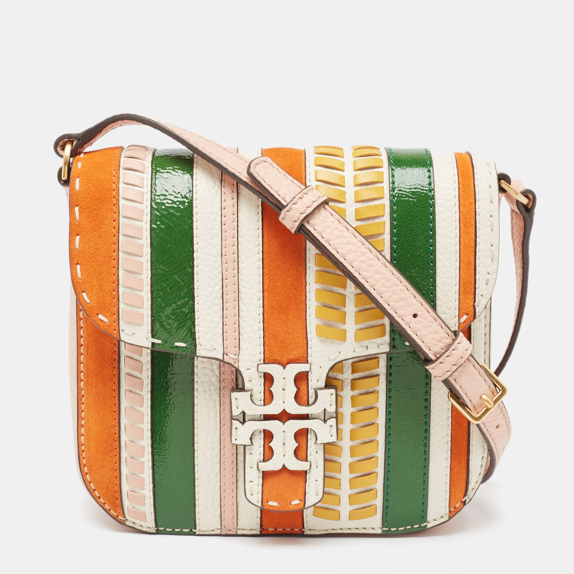 Pre-owned Tory Burch Multicolor Suede And Leather Stripe Mcgraw Crossbody Bag