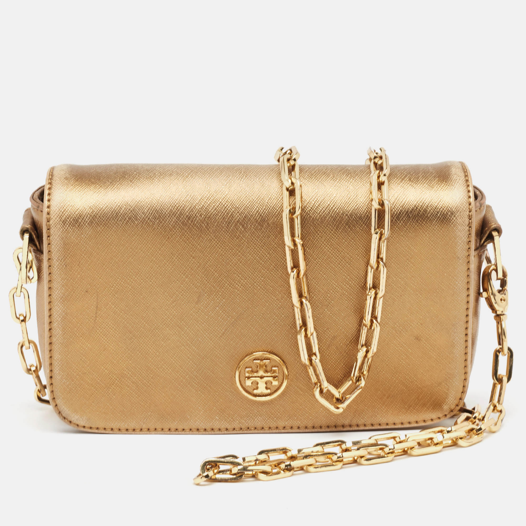 

Tory Burch Gold Leather Logo Flap Chain Bag