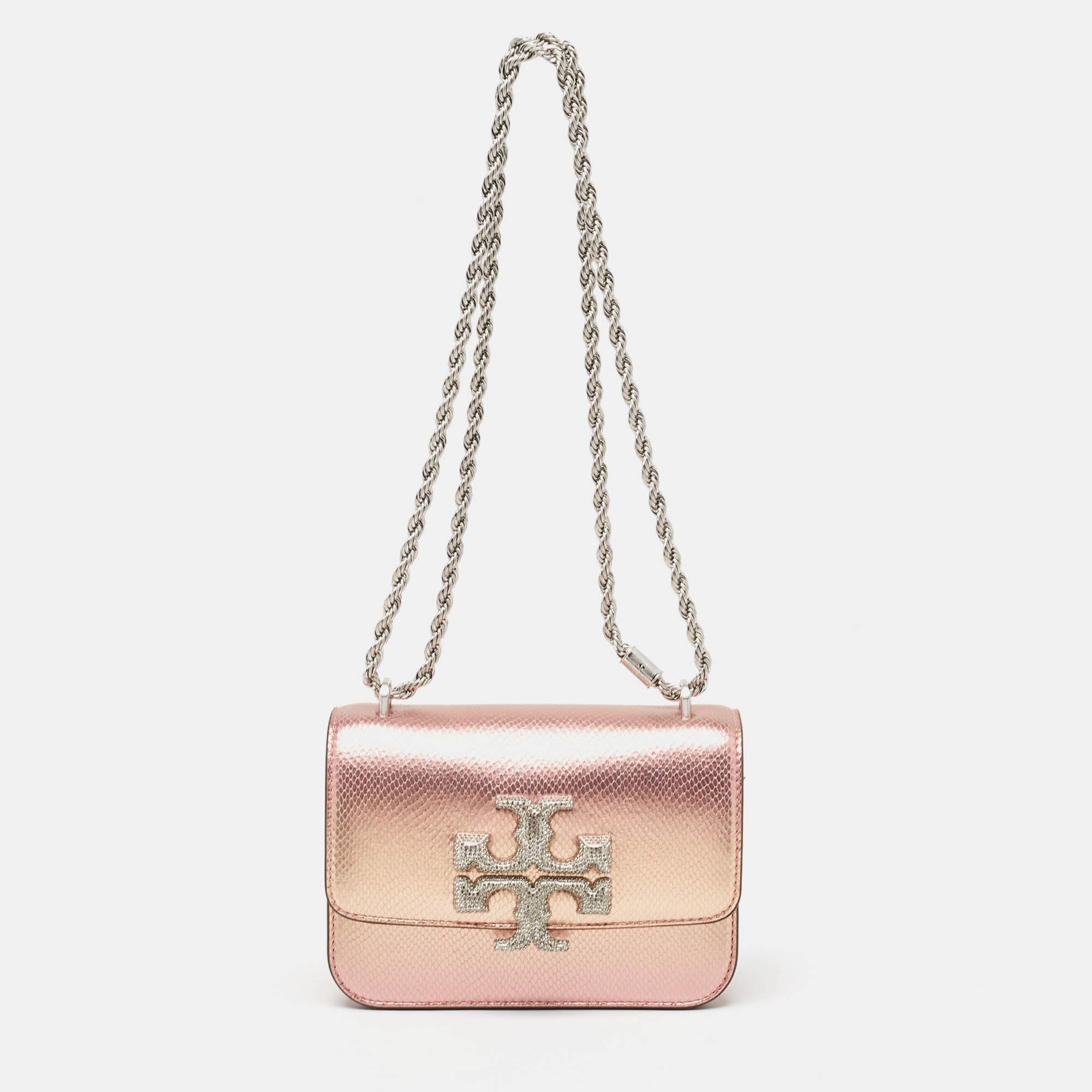 

Tory Burch Metallic Peach Snakeskin Embossed Leather and Suede Small Eleanor Crystals Bag, Orange