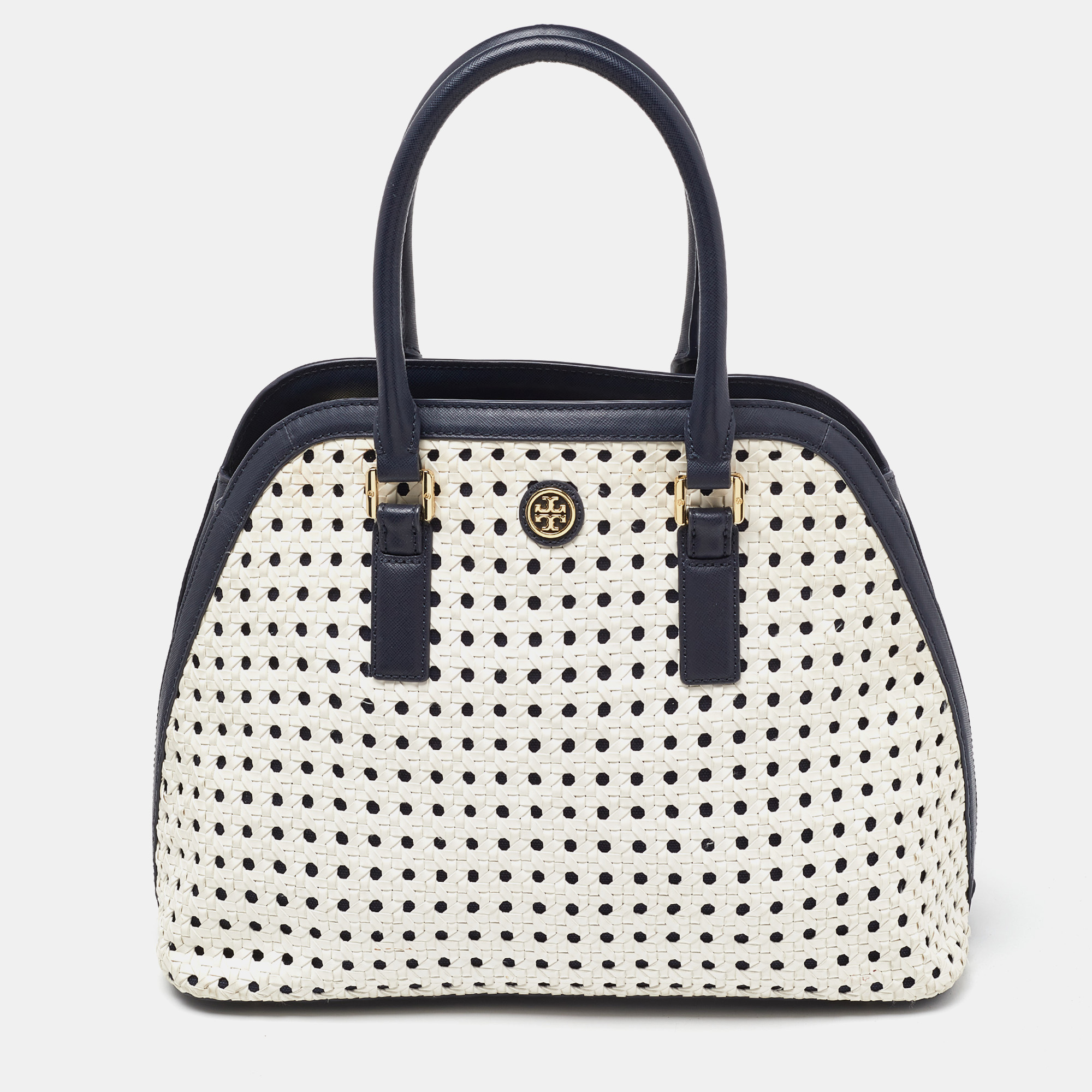 

Tory Burch White/Blue Woven Leather Robinson Dome Satchel