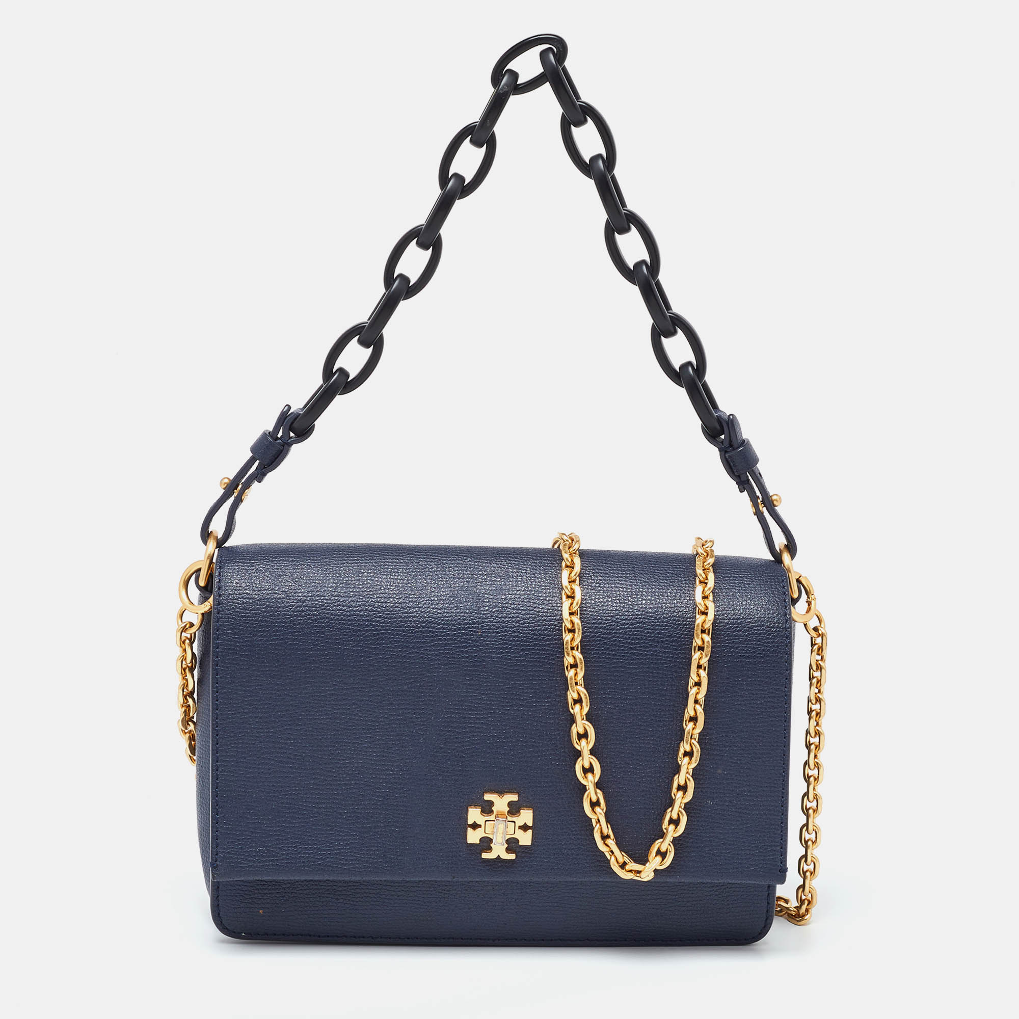 Pre-owned Tory Burch Navy Blue Leather Kira Double Strap Bag