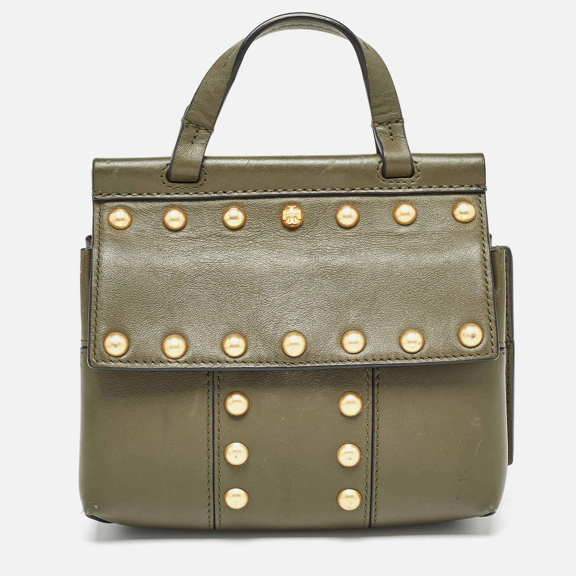 

Tory Burch Olive Green Leather Mini Block-T Top Handle Bag