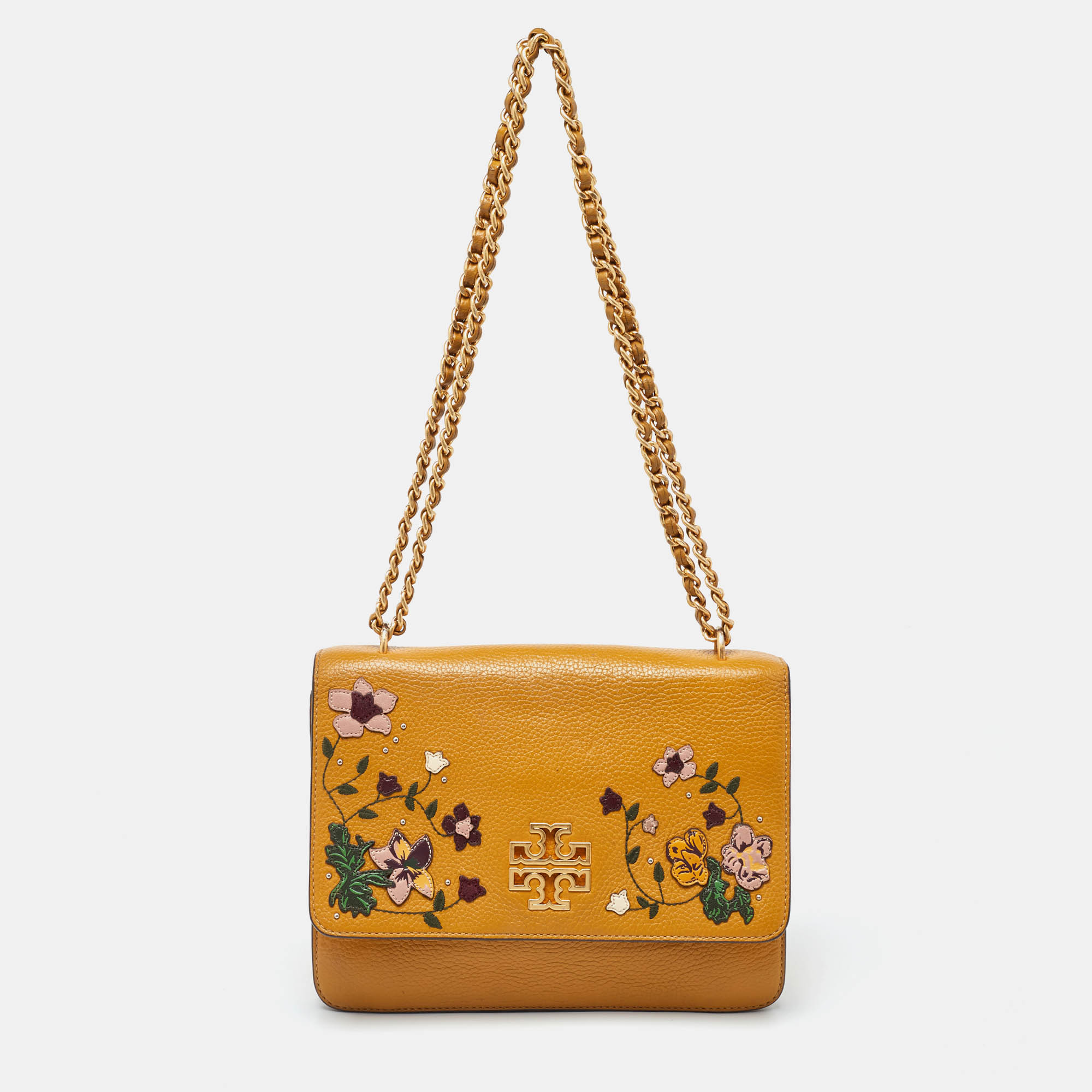Pre-owned Tory Burch Mustard Leather Britten Floral Applique Flap Bag In Yellow