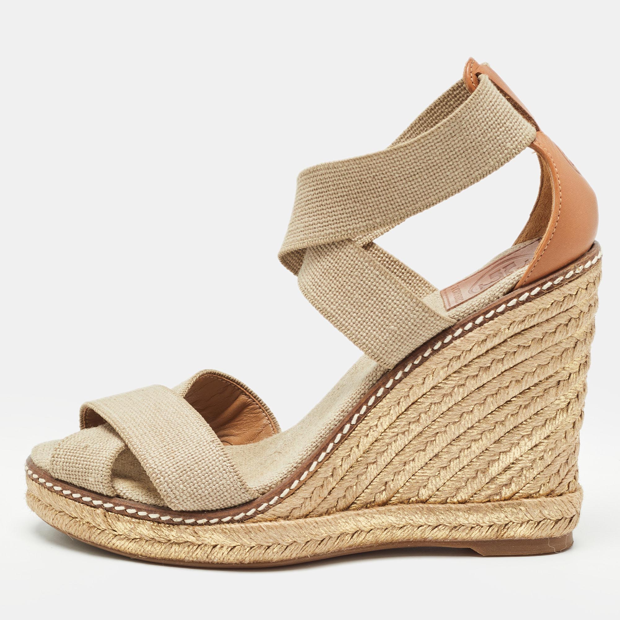 

Tory Burch Brown/Beige Canvas and Leather Wedge Sandals Size
