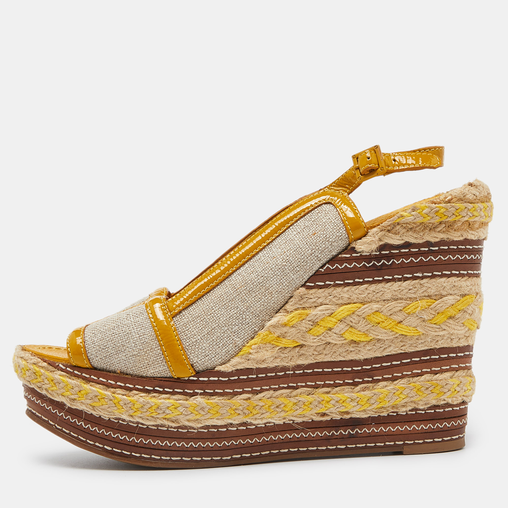 

Tory Burch Yellow/Beige Canvas and Patent Leather Espadrille Wedge Platform Slingback Sandals Size 40