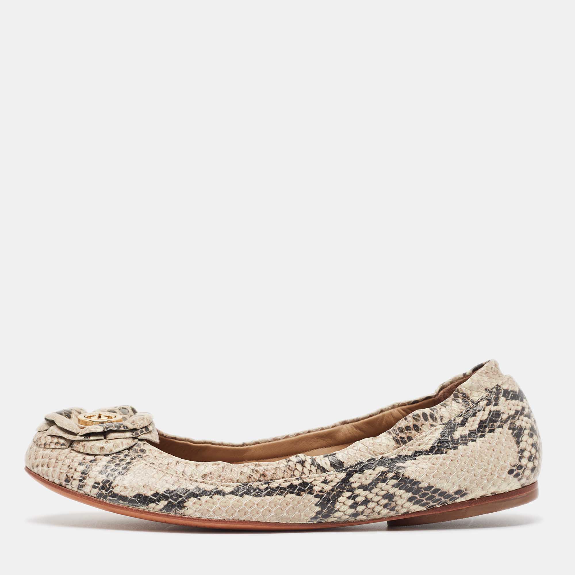 

Tory Burch Beige/Black Python Embossed Leather Scrunch Ballet Flats Size