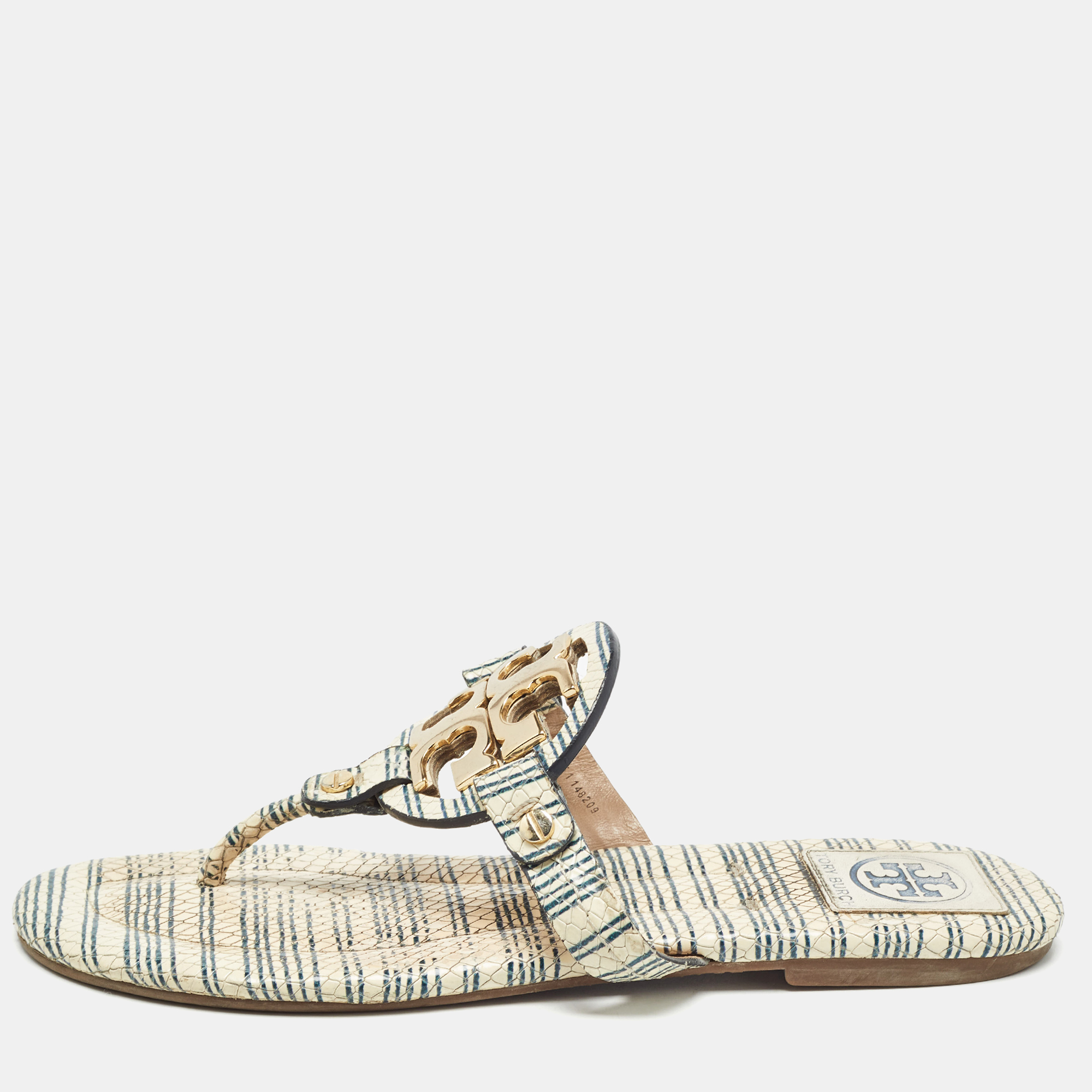 

Tory Burch Off White/Blue Striped Embossed Snakeskin Miller Thong Flats Size 37.5