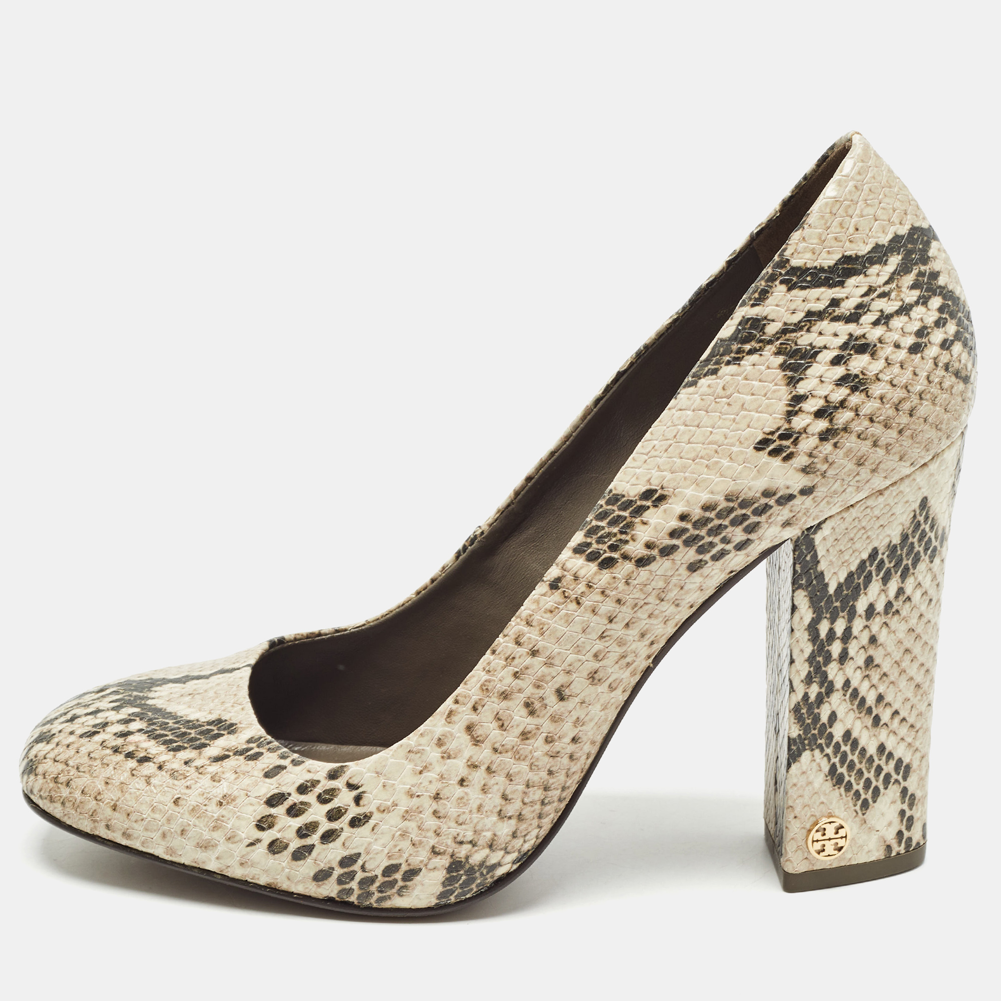

Tory Burch Two Tone Embossed Python Block Heel Pumps Size 39, Brown