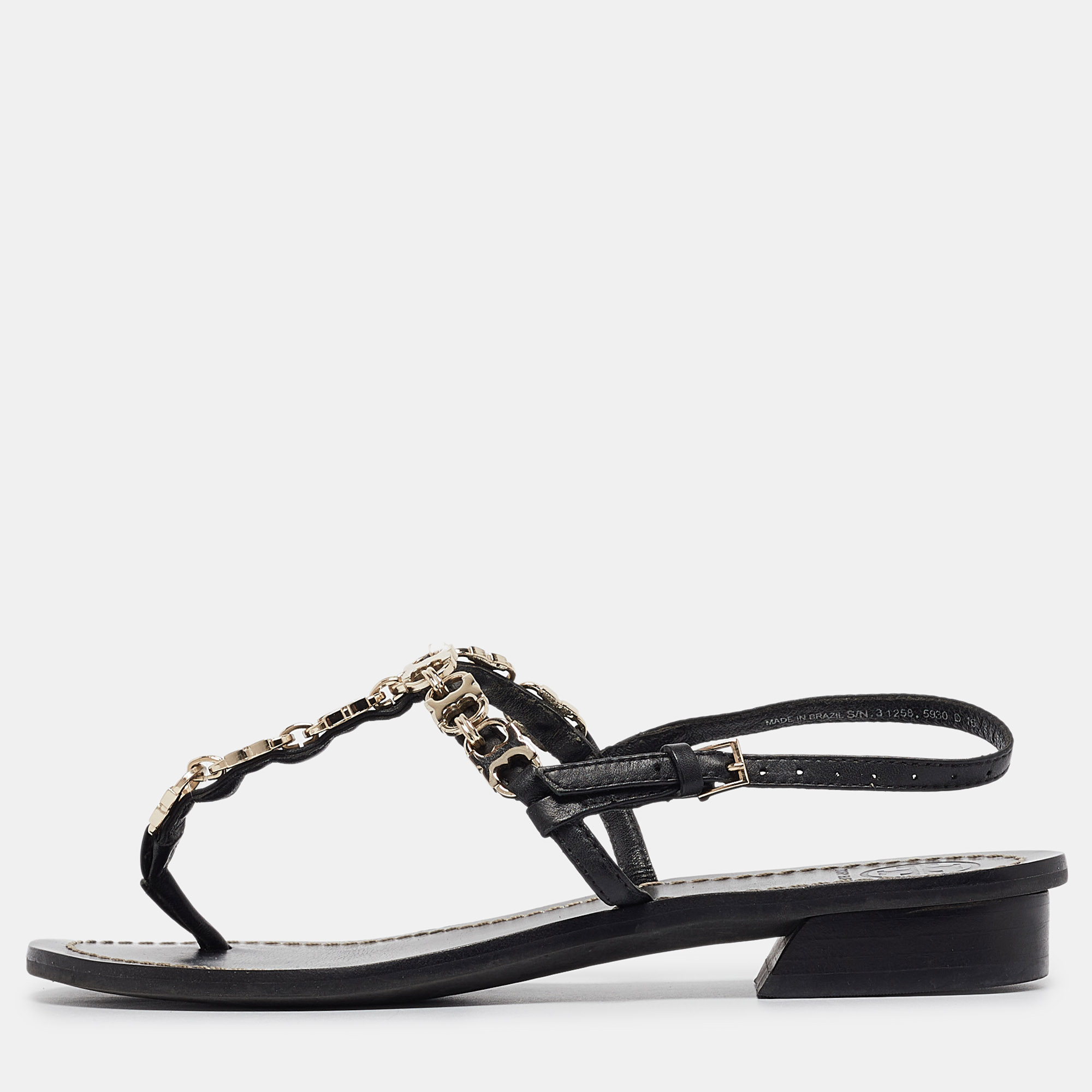 

Tory Burch Black Leather Chain Detail Thong Sandals Size 36