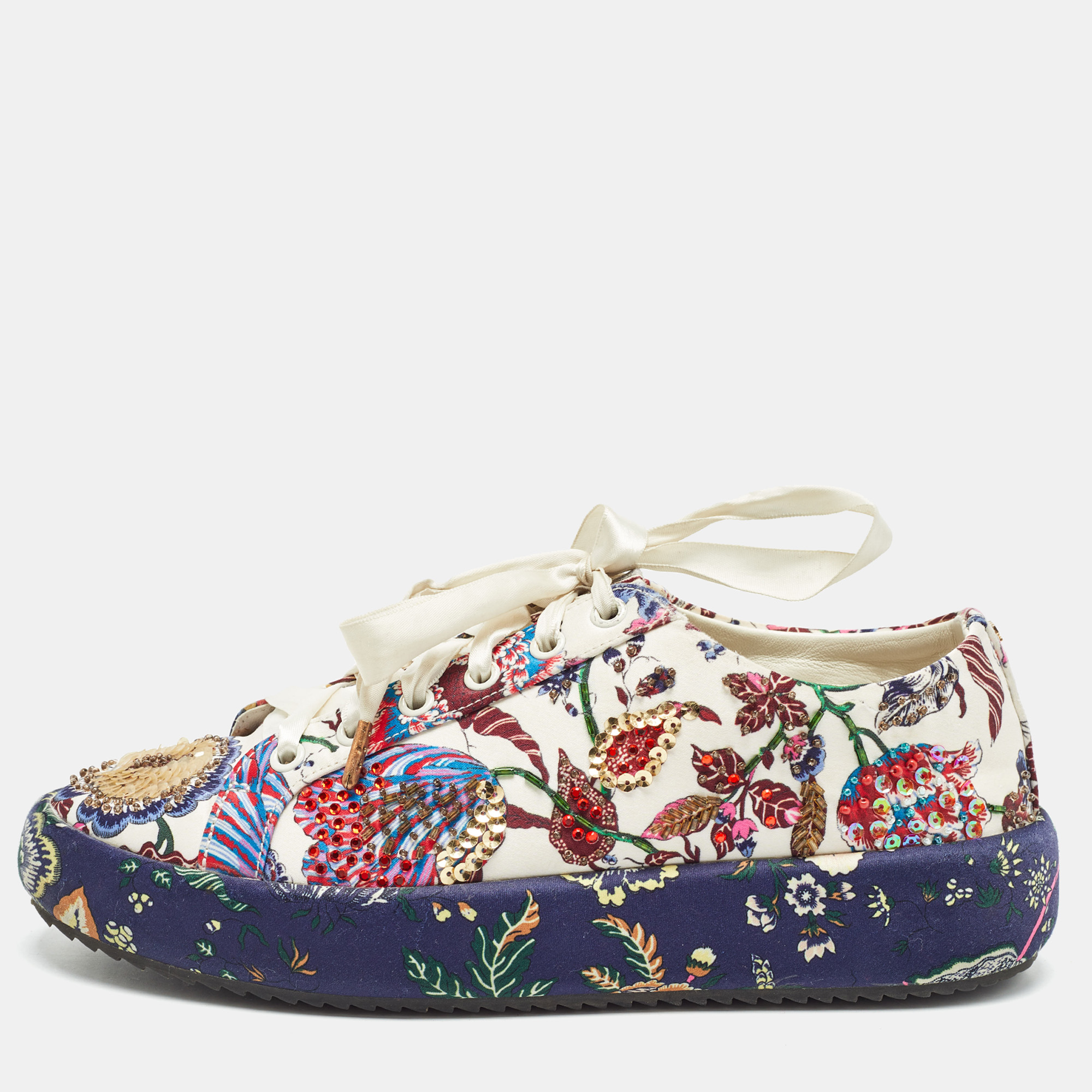 Pre-owned Tory Burch White Floral Print Satin Embellished Amalia Sneakers Size 36.5 In Multicolor