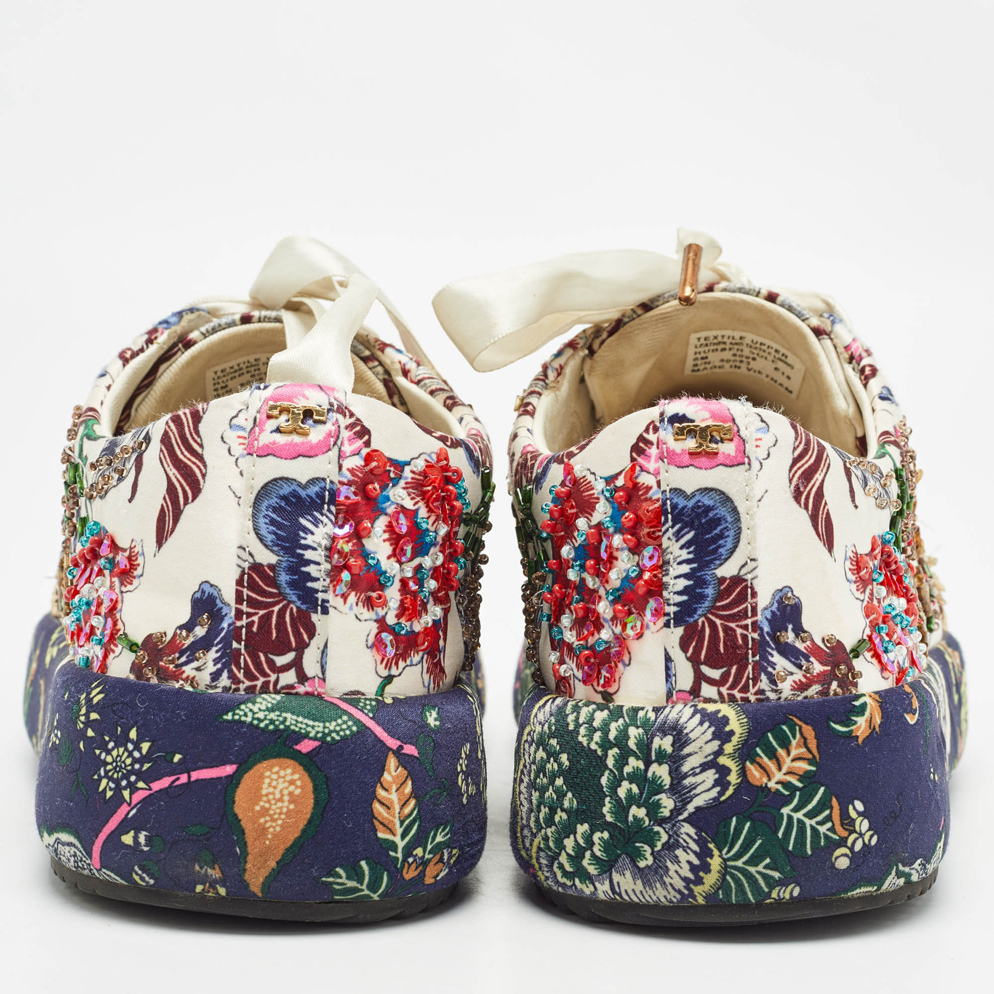 Tory Burch White Floral Print Satin Embellished Amalia Sneakers Size 36.5 