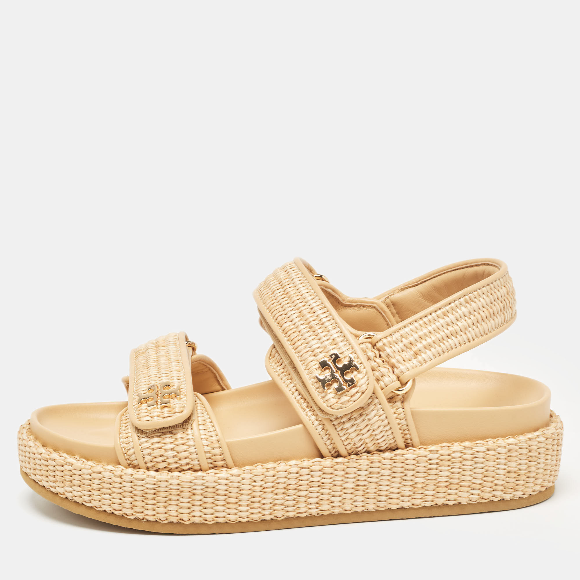 

Tory Burch Beige Woven Raffia and Leather Kira Flat Sandals Size 37