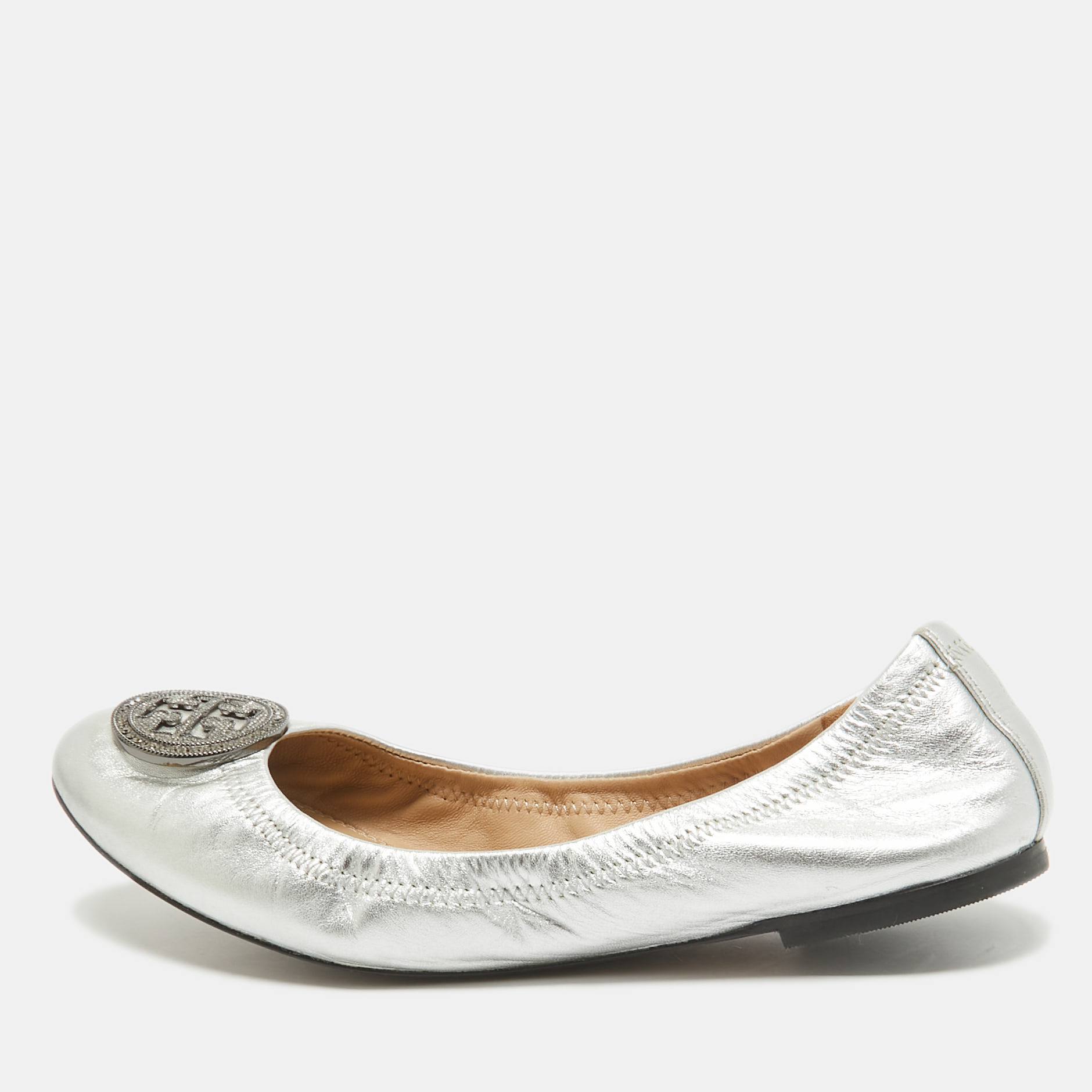 

Tory Burch Silver Leather Reva Crystals Ballet Flats Size 37.5